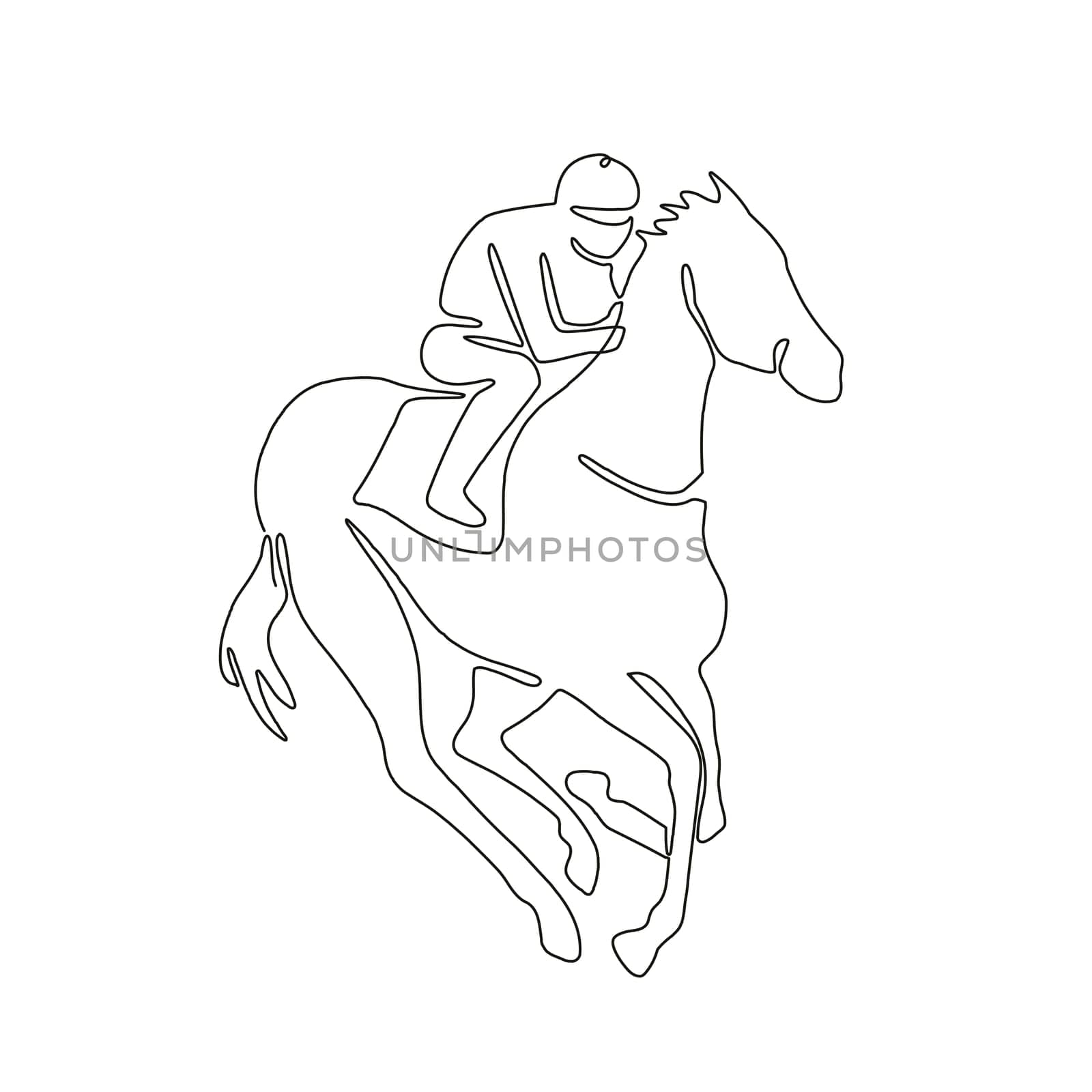 Continuous line drawing illustration of a jockey riding on horse racing done in sketch or doodle style.