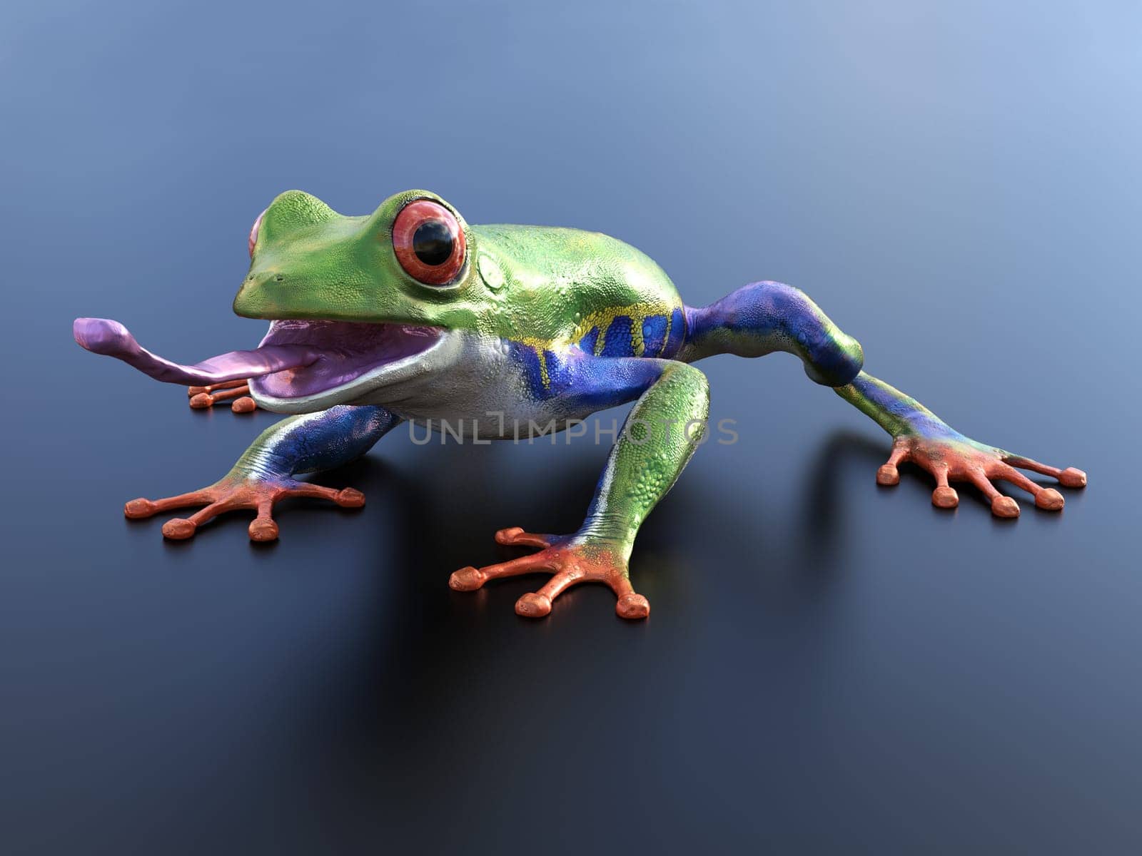 Realistic 3D rendering of a green, blue and orange colored red-eyed tree frog, Agalychnis callidryas, with its tongue out.