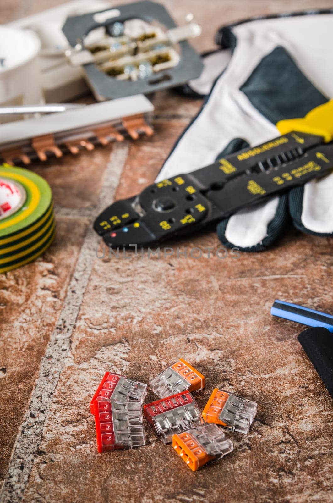 Tools for electricians crimpers and accessories, close-up