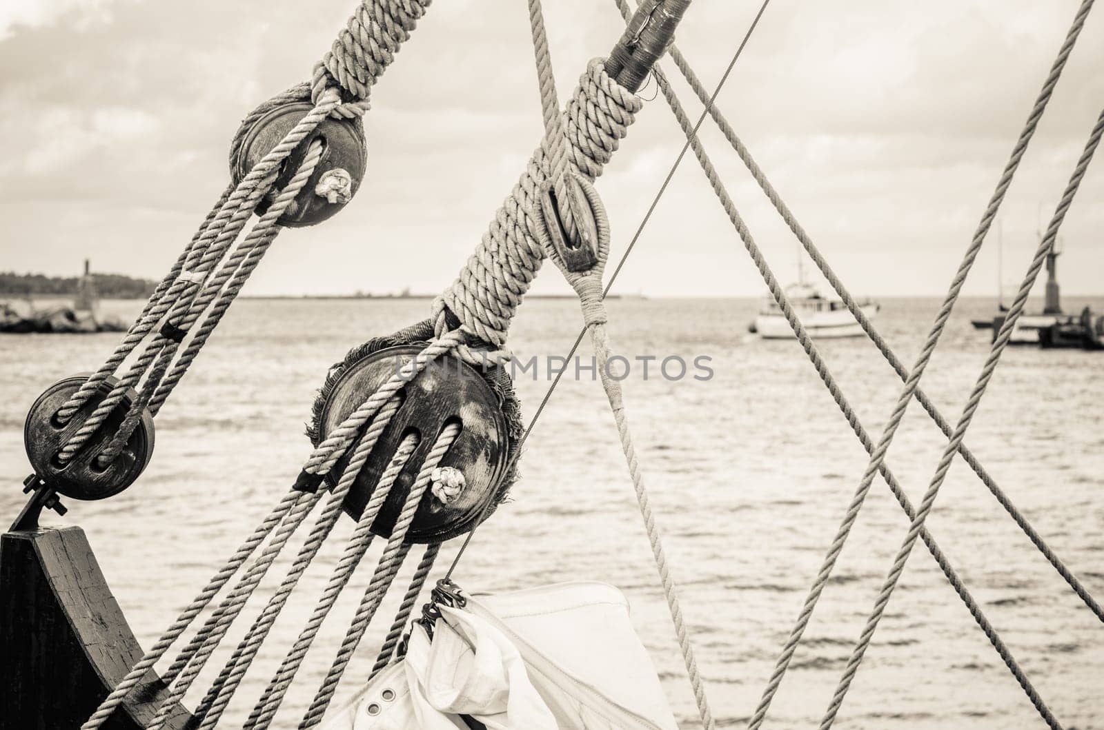 Blocks and rigging of an old sailboat, close-up
