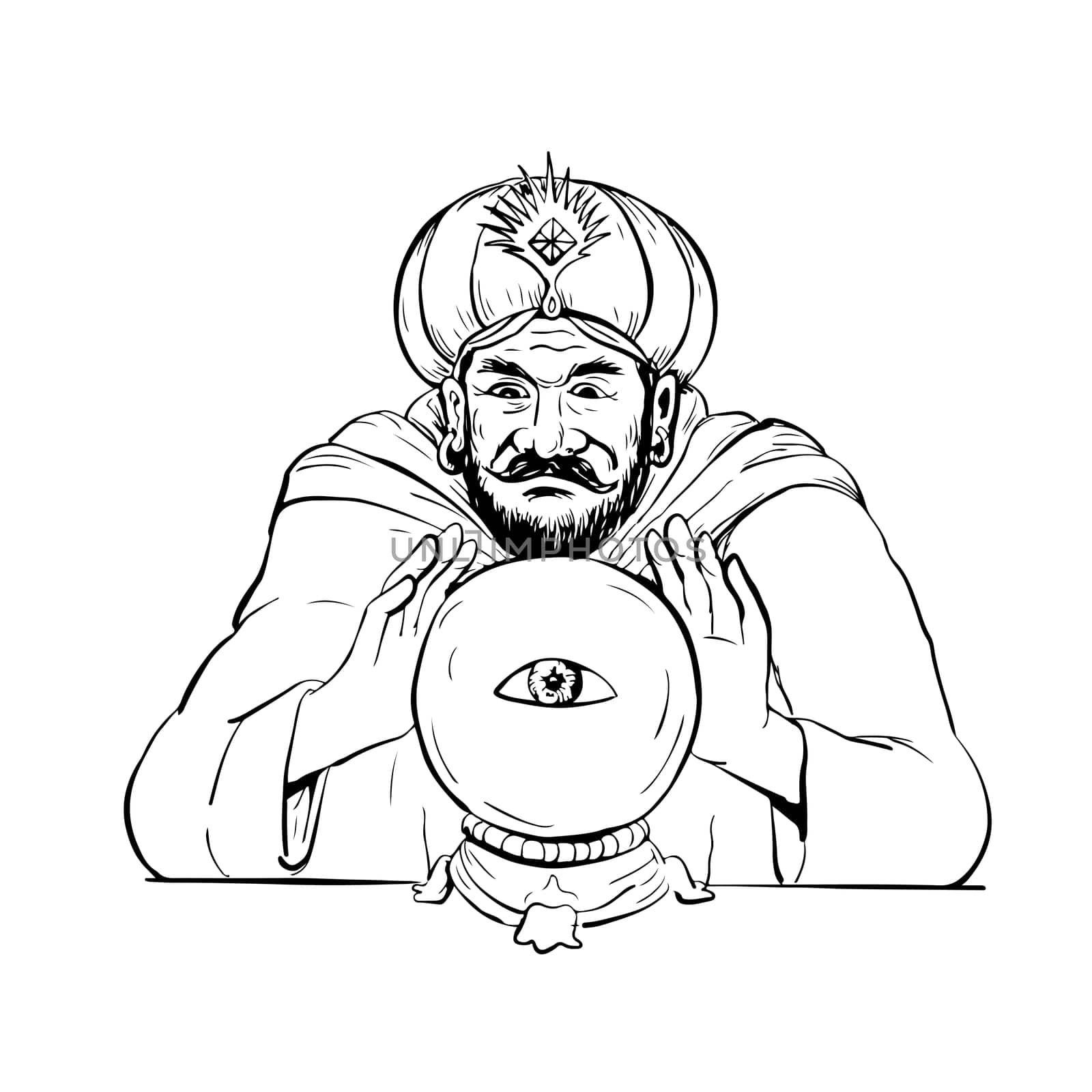 Drawing sketch style illustration of a fortune teller, medium, psychic, mystic,seer, soothsayer, clairvoyant scrying on a crystal ball with eye on white background.