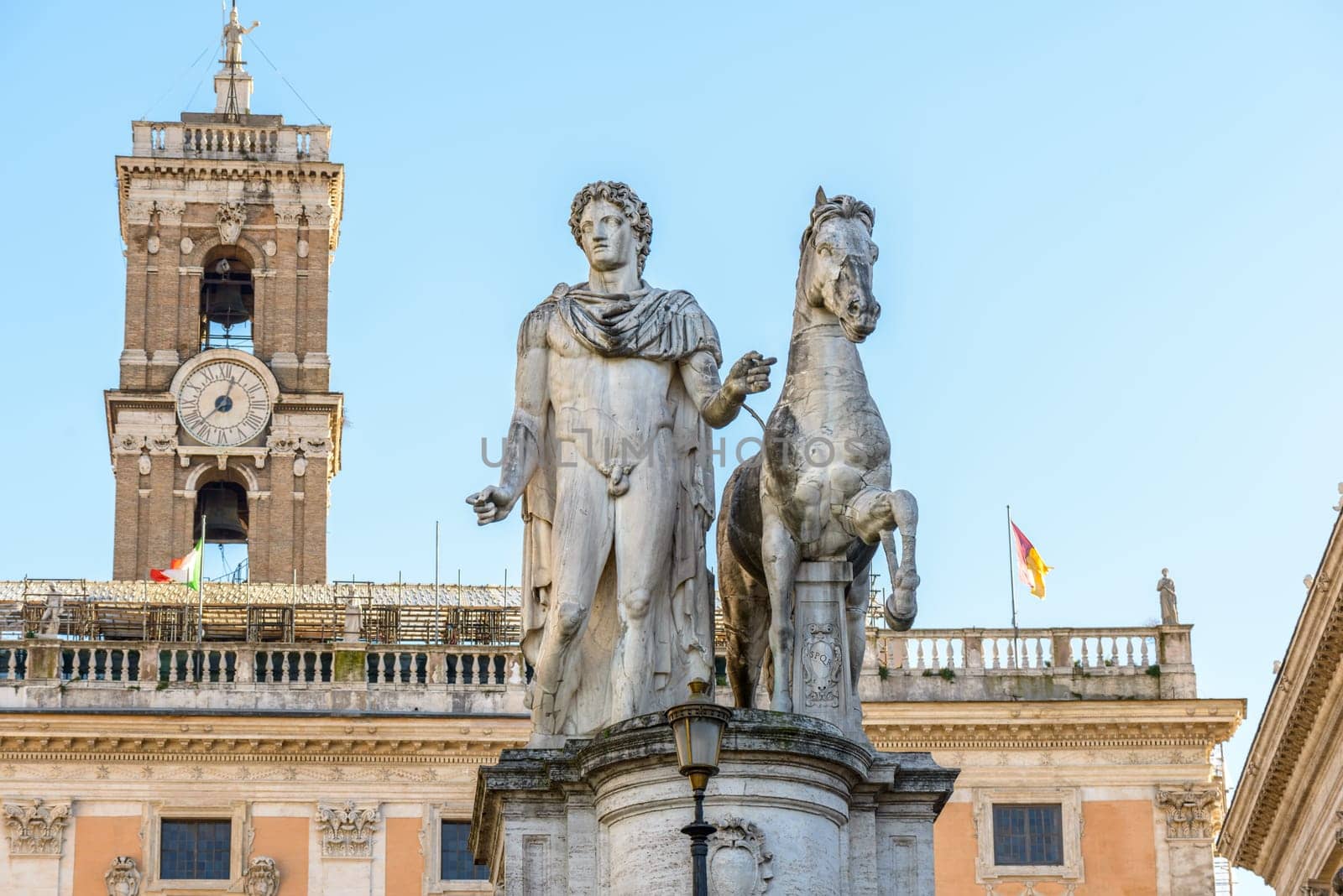Castore and Polluce (Dioscuri) dating between 200 and 70 BC in public Campidoglio square in Rome