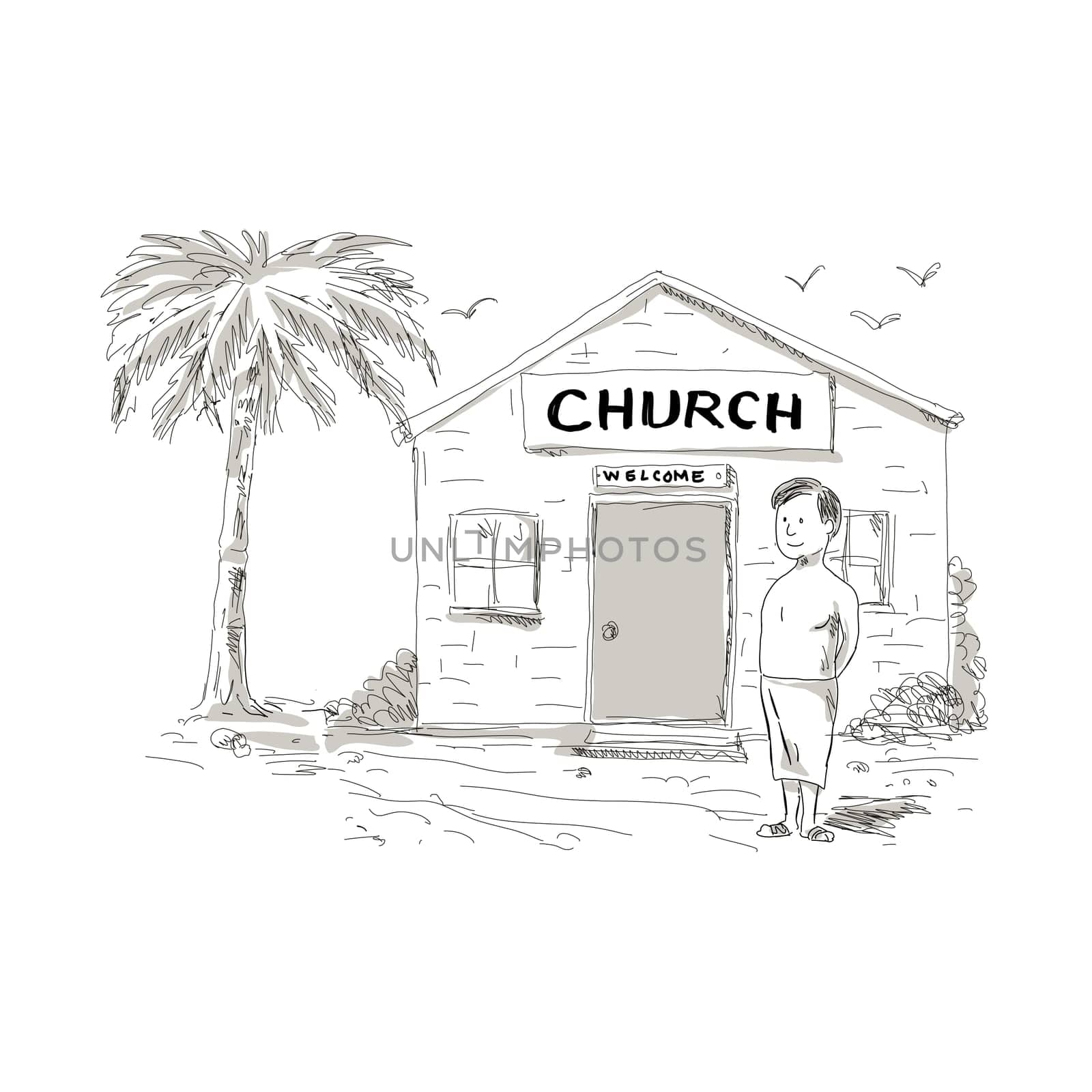 Cartoon style illustration of a skinny shirtless Samoan boy wearing lavalava standing by, beside or in front of church with coconut tree behind.
