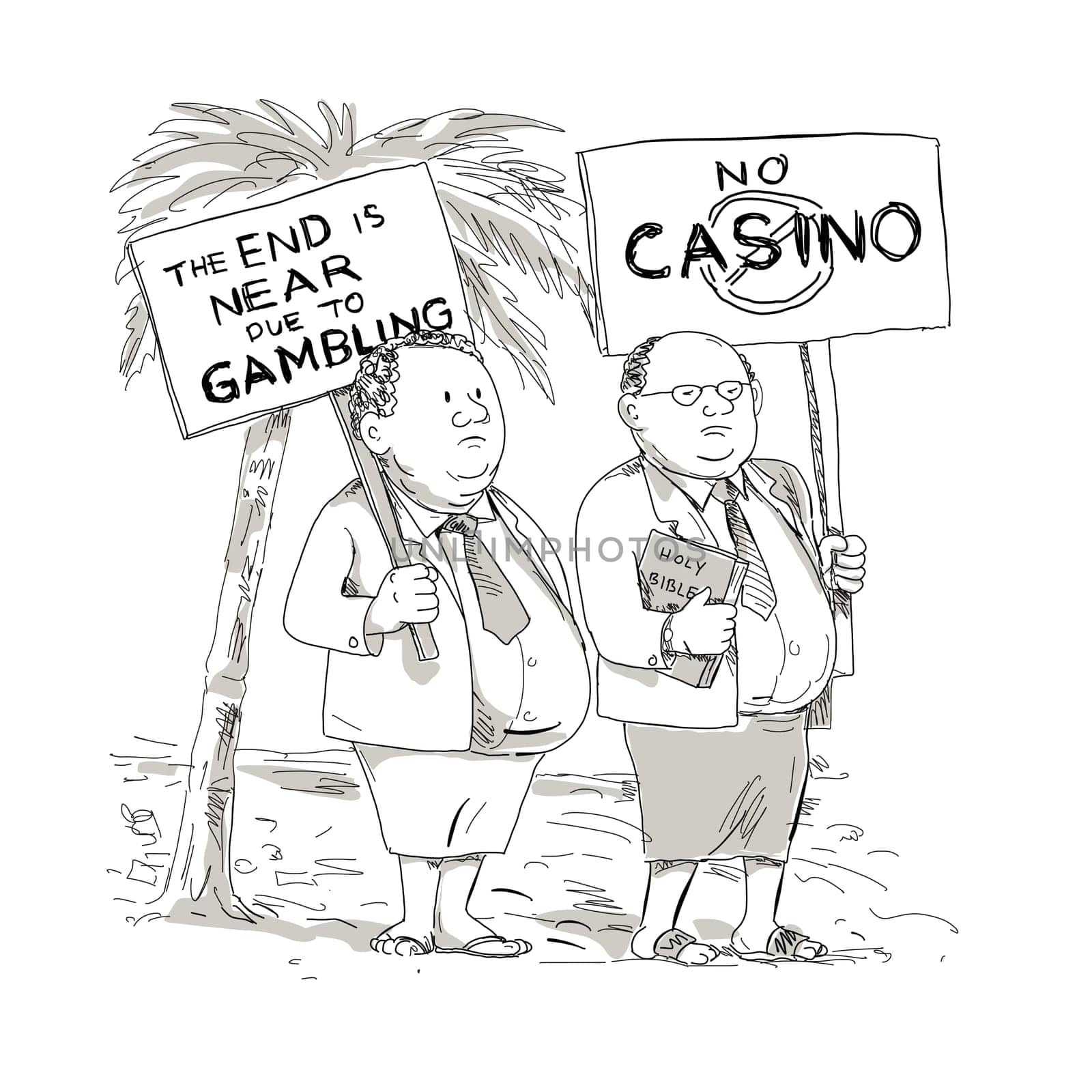 Cartoon style illustration of two fat Samoan preacher, lay minister or church goer wearing jacket, tie and lavalava protesting with placard against gambling on isolated background.