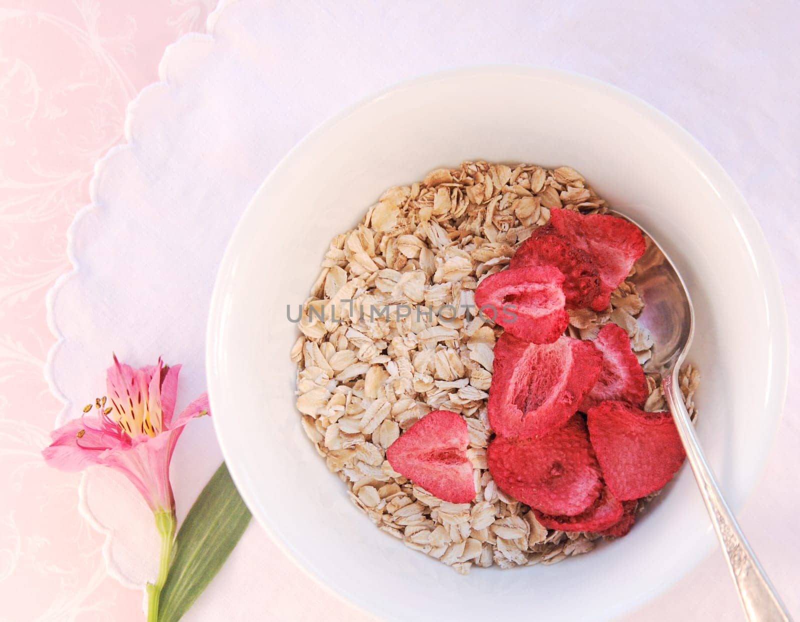 Bowl of raw oatmeal and died berries with flower and copy space