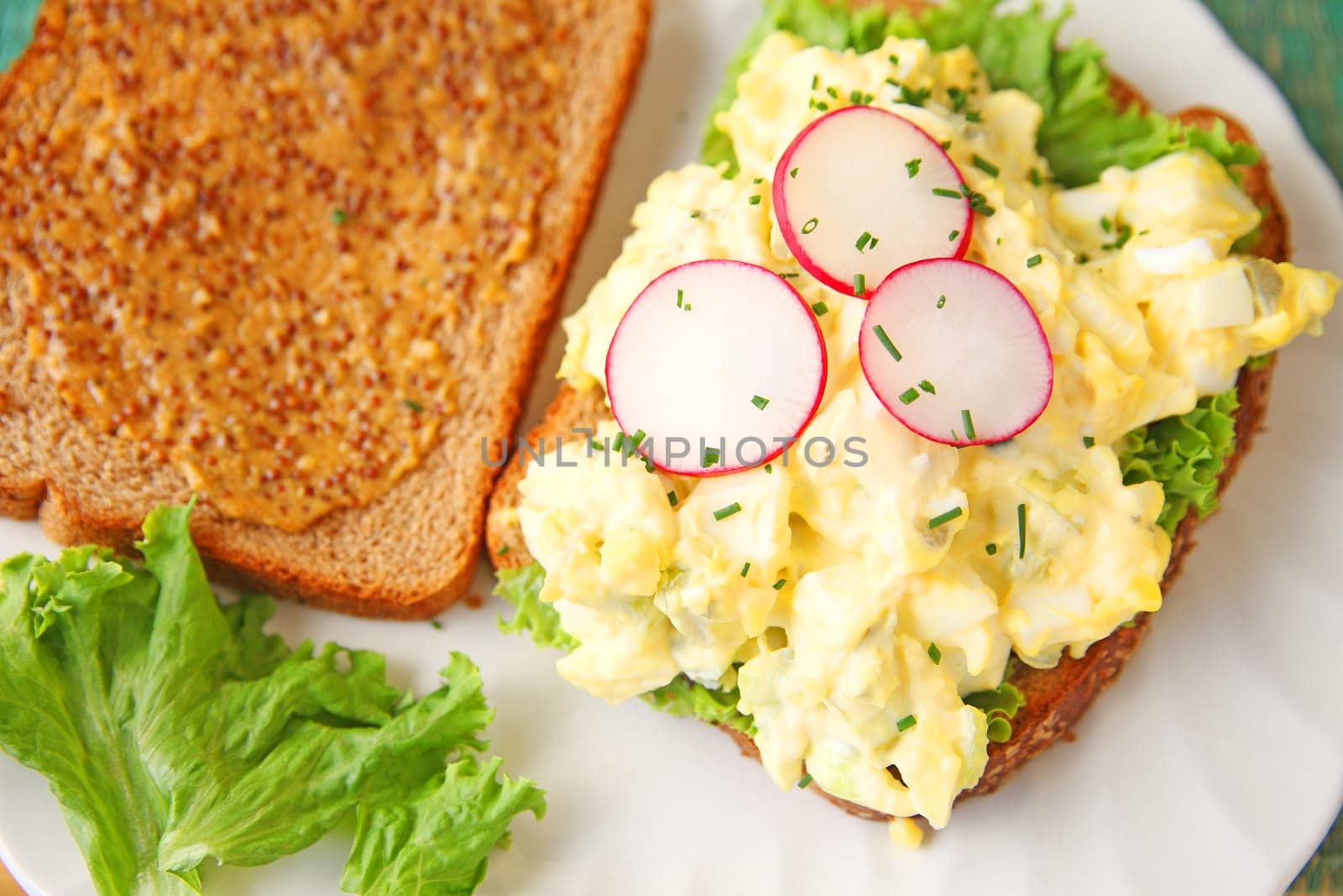 Egg salad sandwich on whole wheat bread with deli mustard, lettuce, radishes and chives