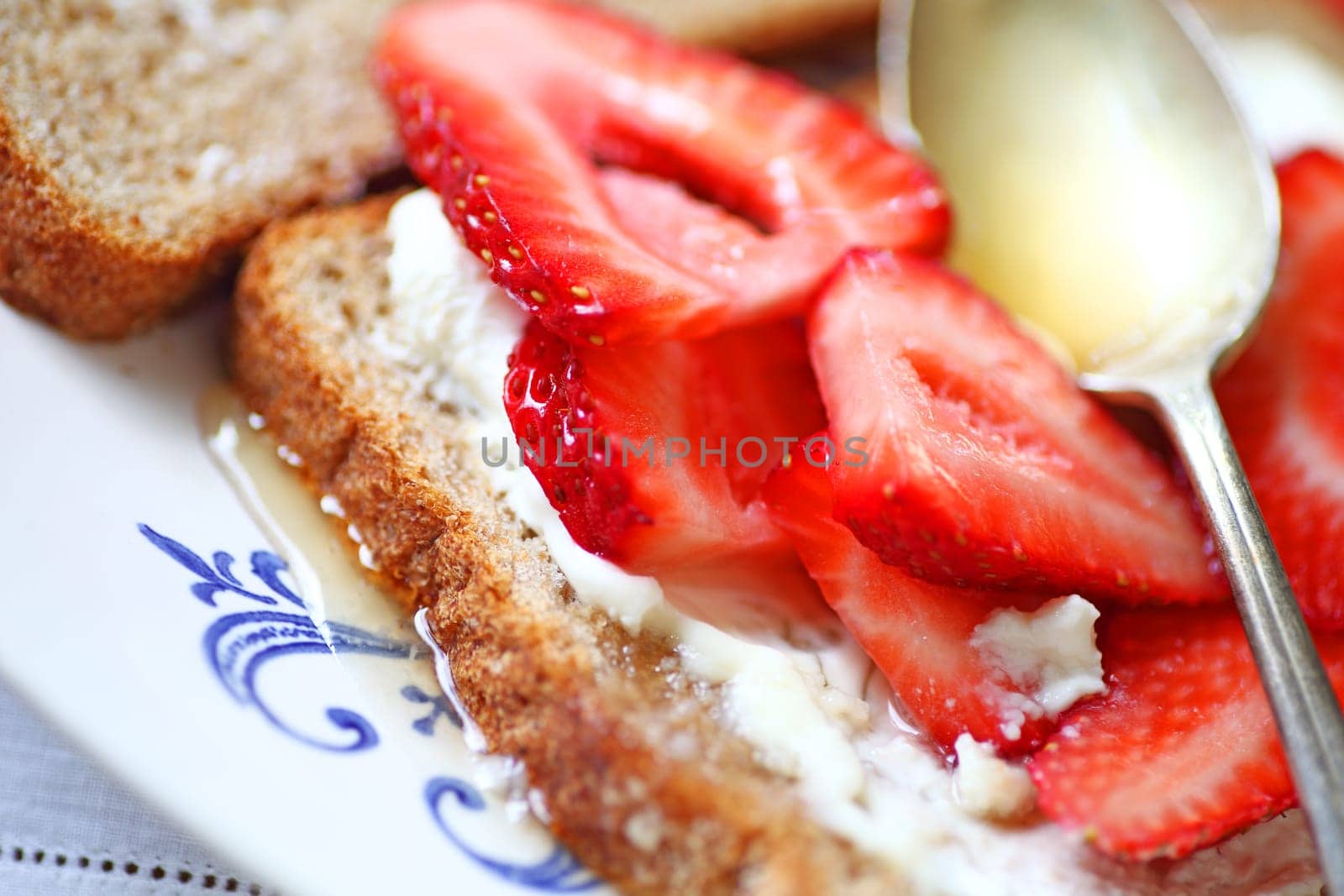 Ripe strawberries with cream cheese and honey on wheat bread