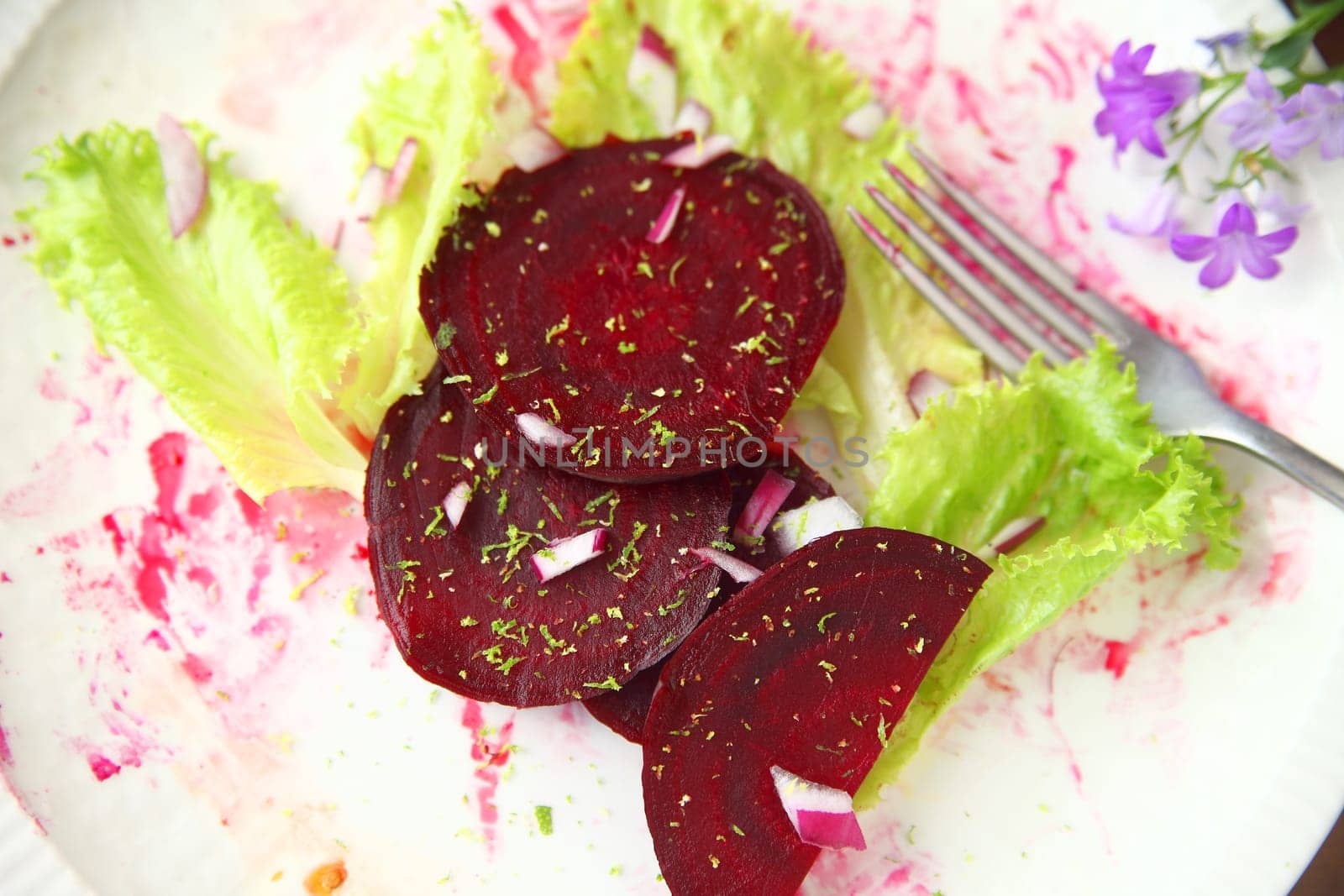 Beet slices with red onion bits, lettuce and grated lime zest on a beet juice-stained plate