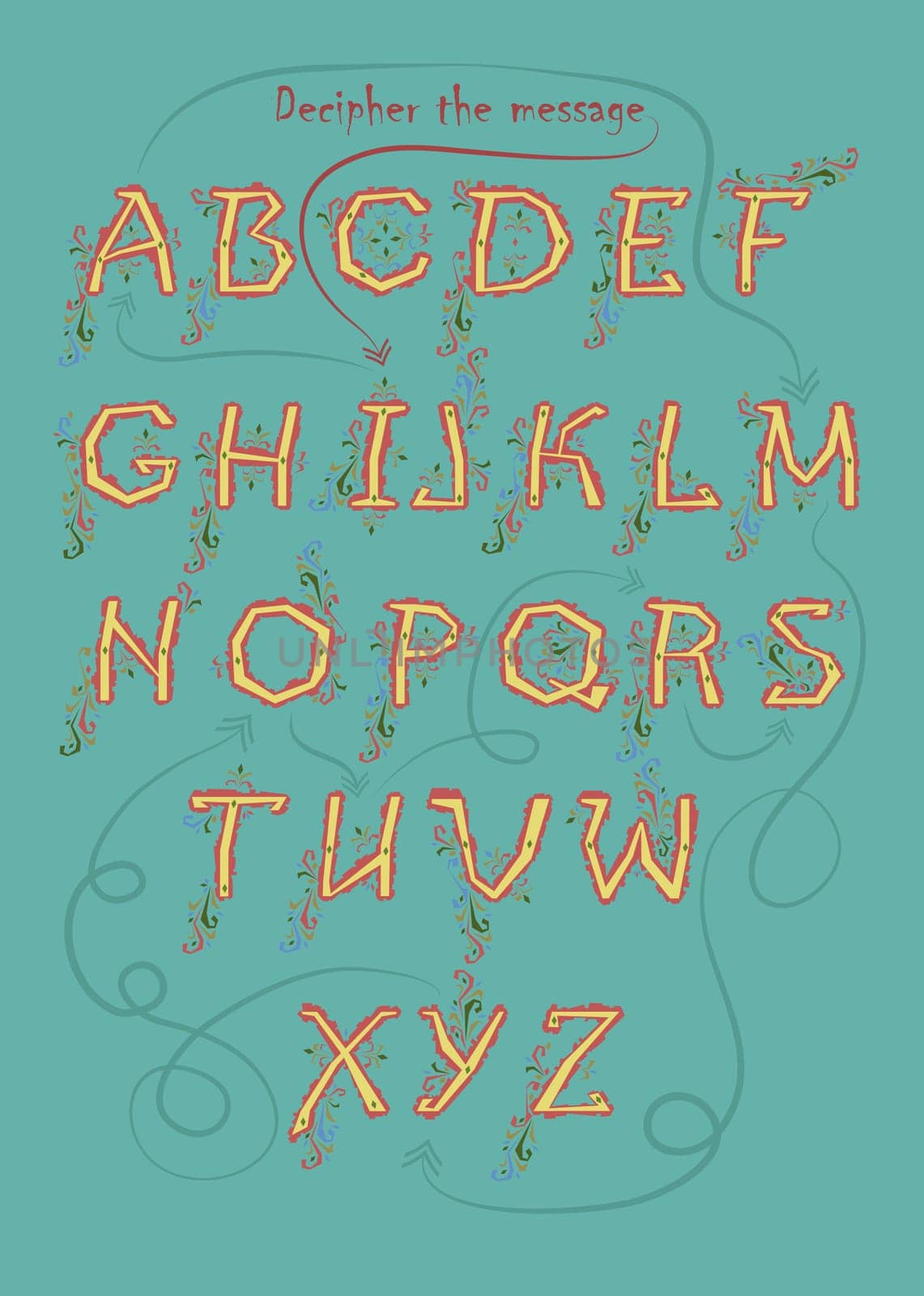 Artistic alphabet with encrypted romantic message - I am yours. Yellow letters with red geometric decor. Blue background.  Illustration