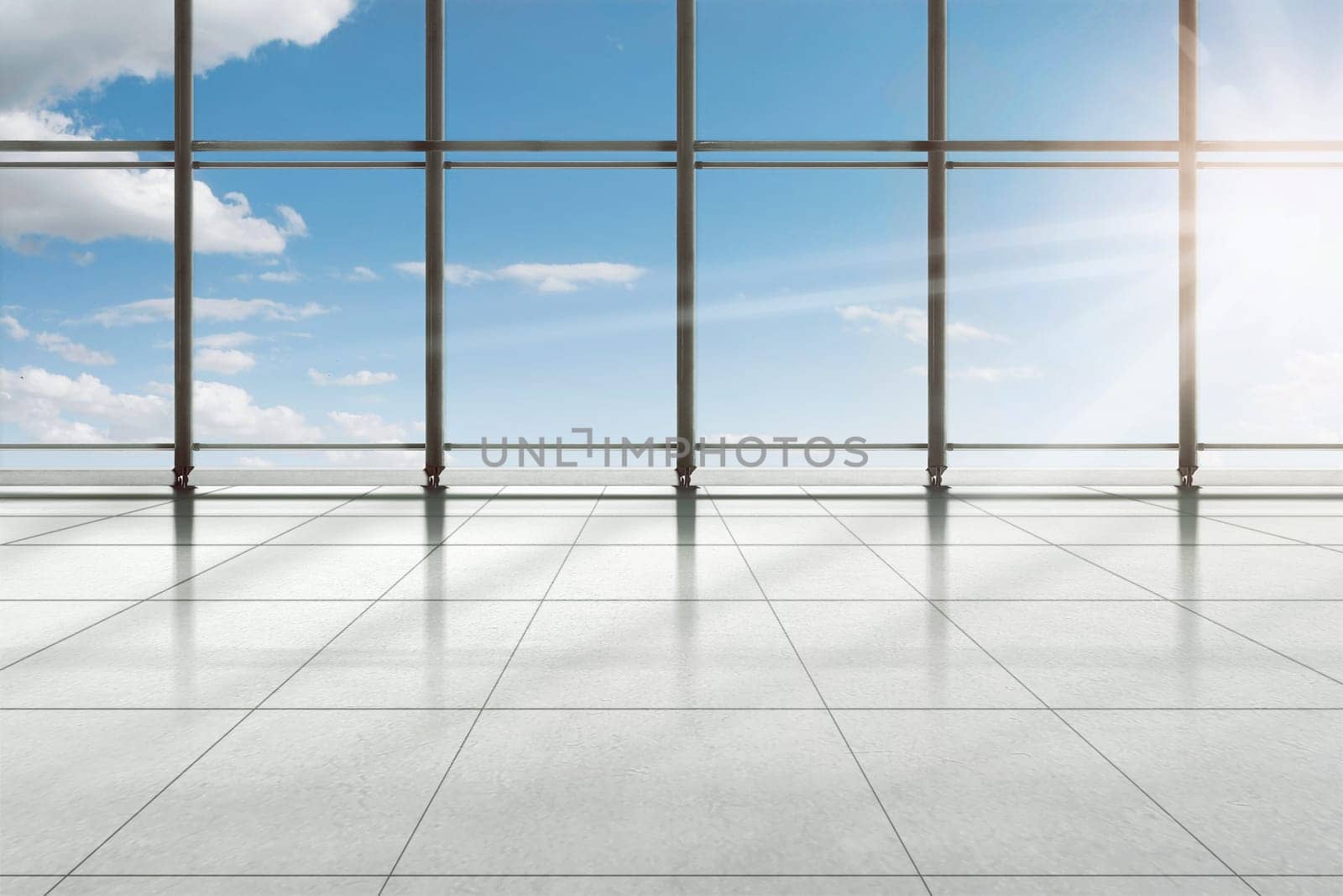 Modern airport terminal building over blue sky background