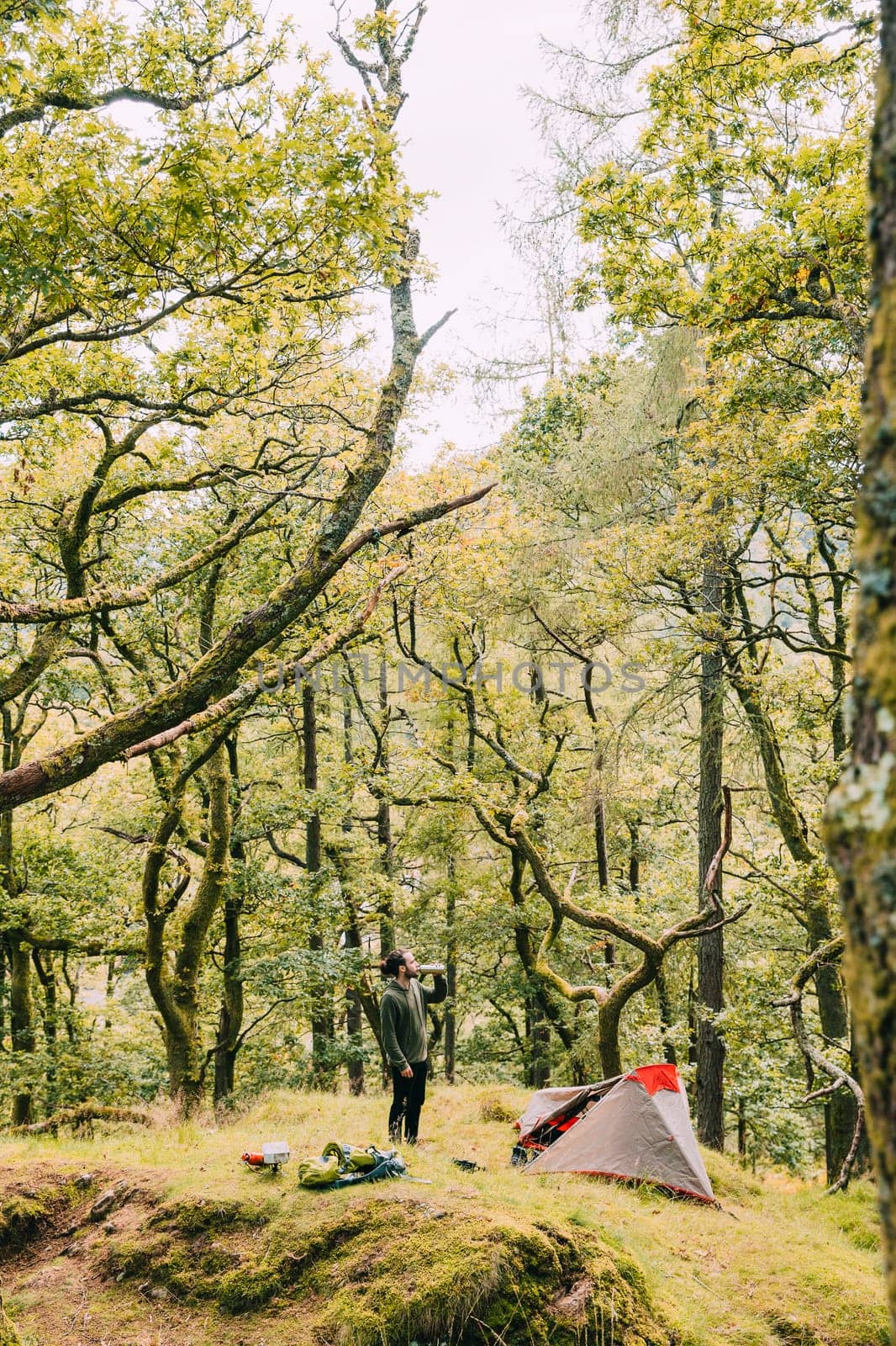 Young man is wild camping alone in the woodlands of the Lake District. He is standing outside of his tent, having a drink from a flask.