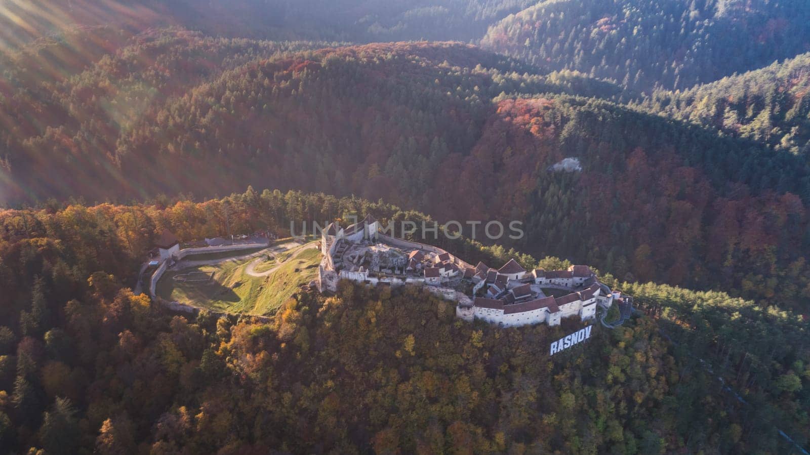 Aerial view of Rasnov Fortress. Brasov, Transylvania, Romania