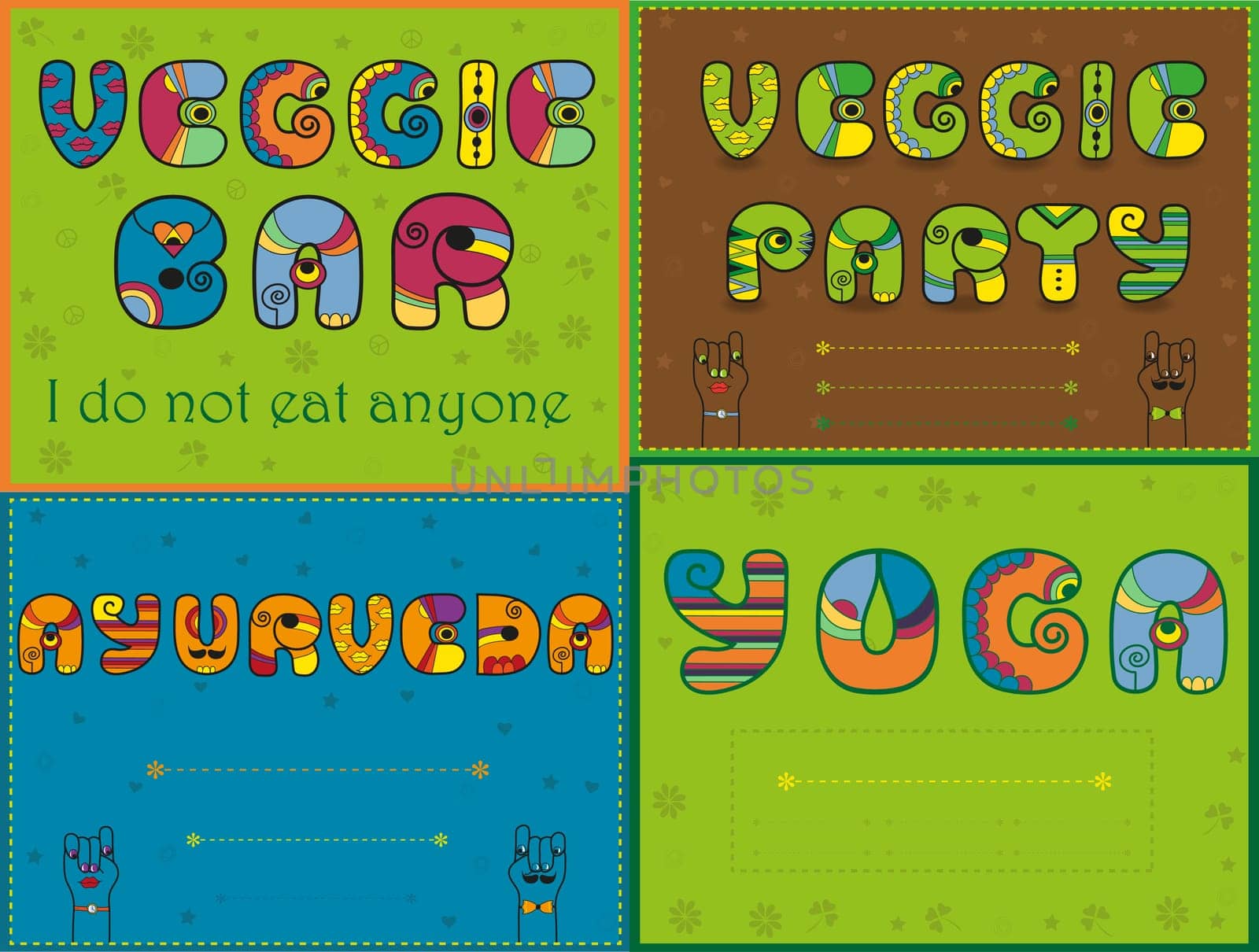 Inscriptions by artistic font for greeting and invitation cards. Veggie bar. Veggie party. Ayurveda. Yoga. Cartoon hands looking at each other. Place for custom text. illustration