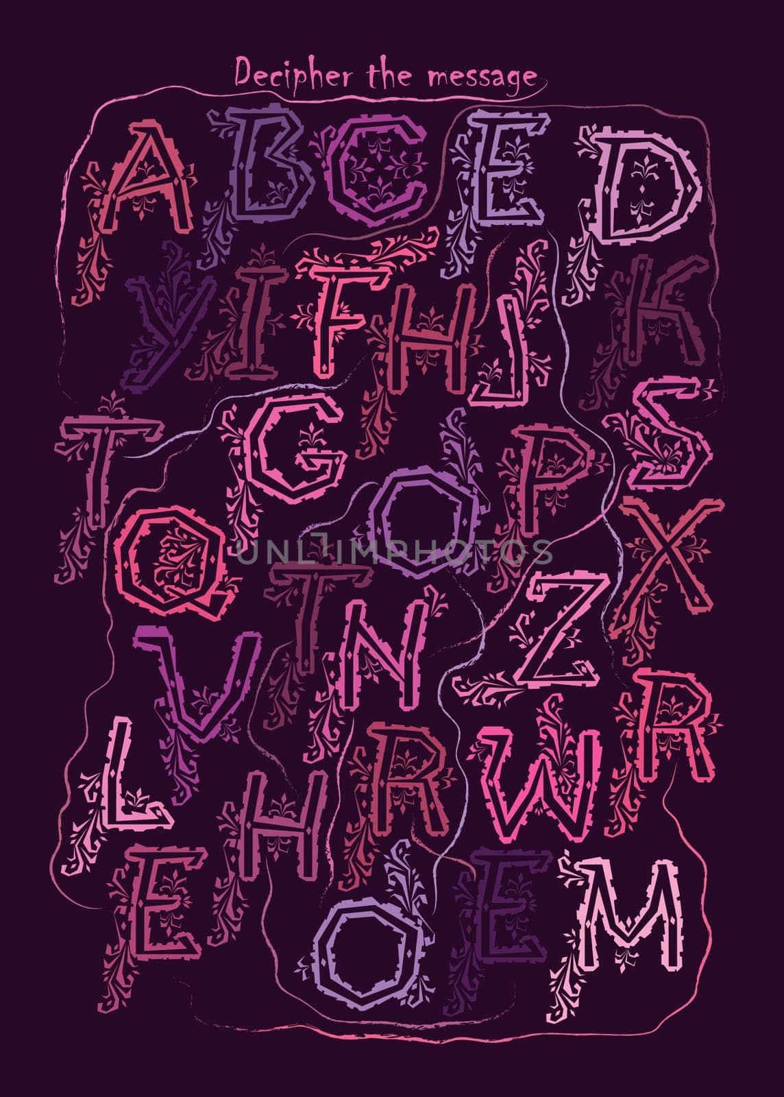 Artistic alphabet with encrypted romantic message - There is no other. Purple and pink letters with graceful decor. Purple background.  Illustration
