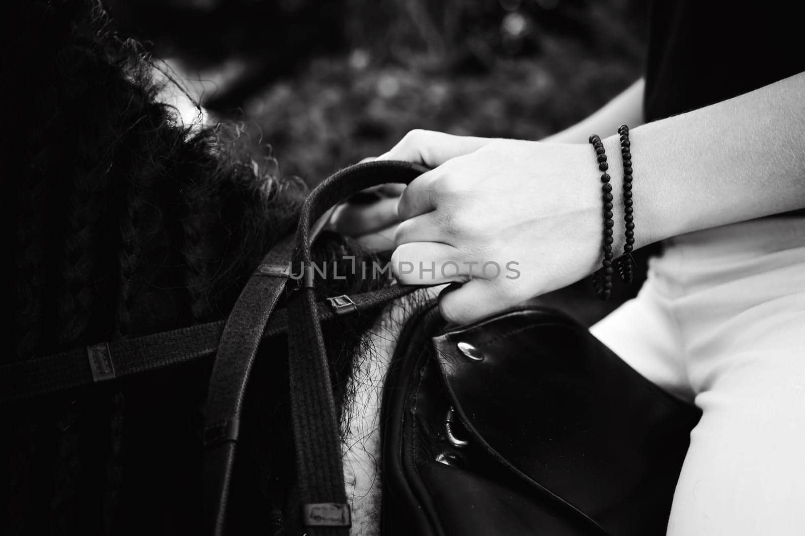 Emotional portrait of a horsewoman rider woman, astride, in love with horses, black Friesian stallion thoroughbred pet, outdoors