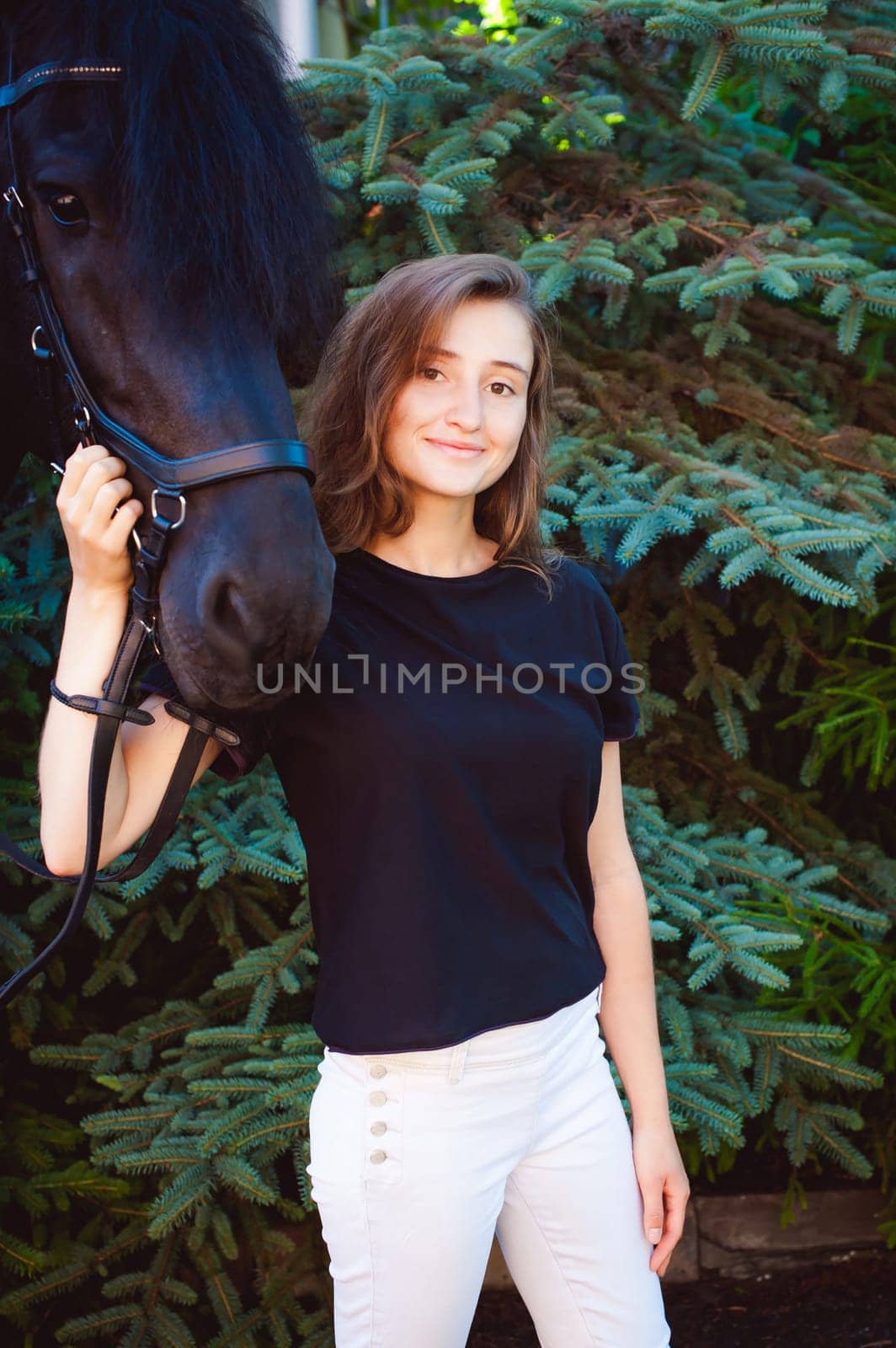 Emotional  Portrait of a female in love with horses, black Friesian stallion thoroughbred pet, outdoors.