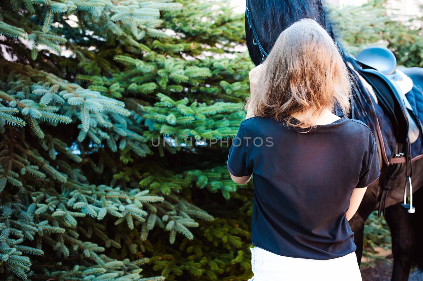 Emotional  Portrait of a female in love with horses, black Friesian stallion thoroughbred pet, outdoors.