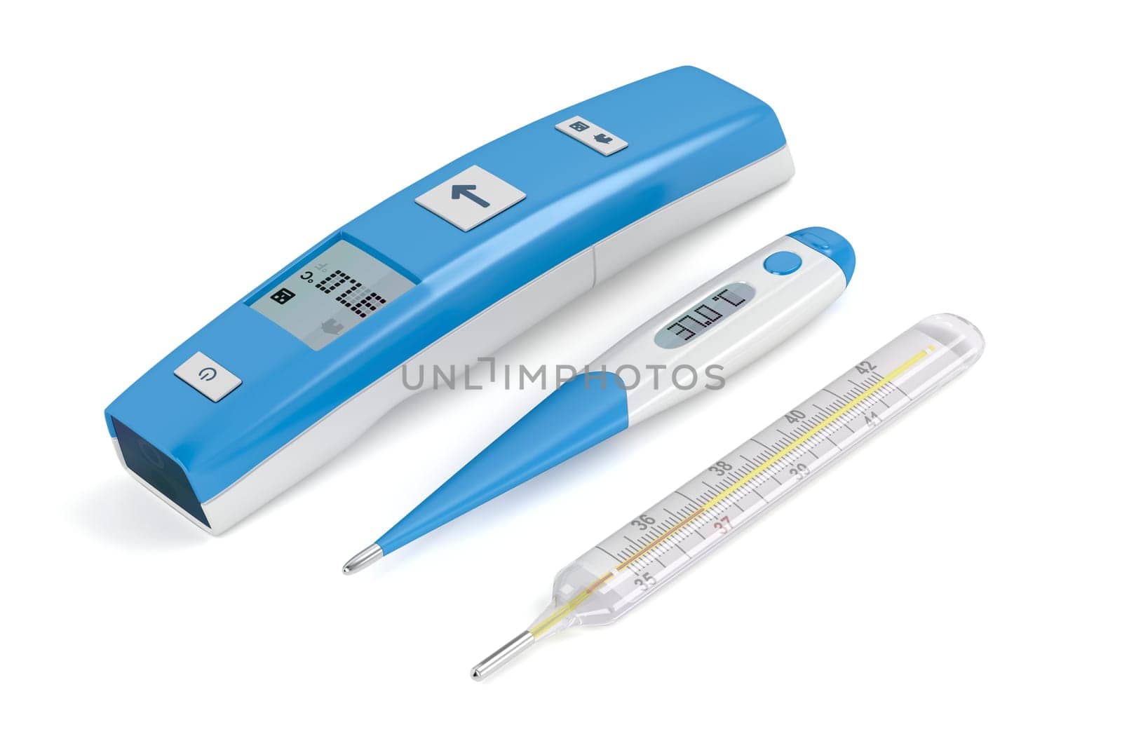 Three different types of medical thermometers on white background
