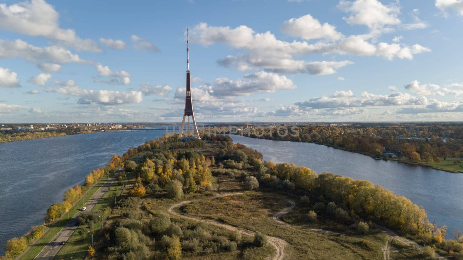 Riga Latvia Tv Tower Zakusala Europe biggest Aerial drone top view
