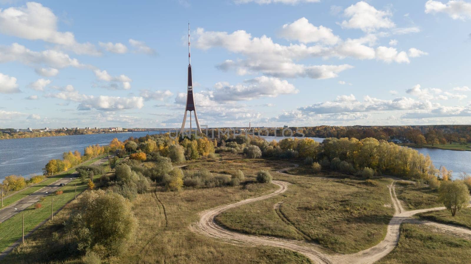 Riga Latvia Tv Tower Zakusala Europe biggest Aerial drone top view