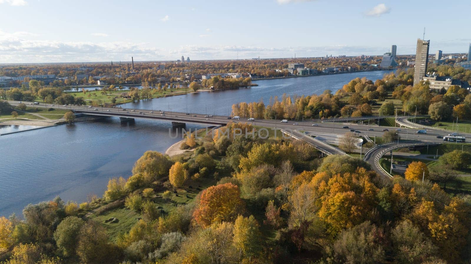 Riga Latvia Daugava river Zakusala island Aerial drone top view