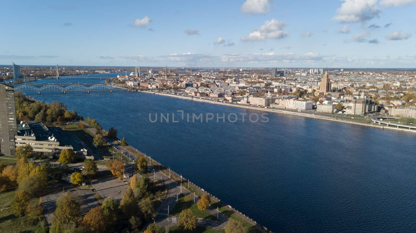 Riga Latvia Daugava river Zakusala island Aerial drone top view