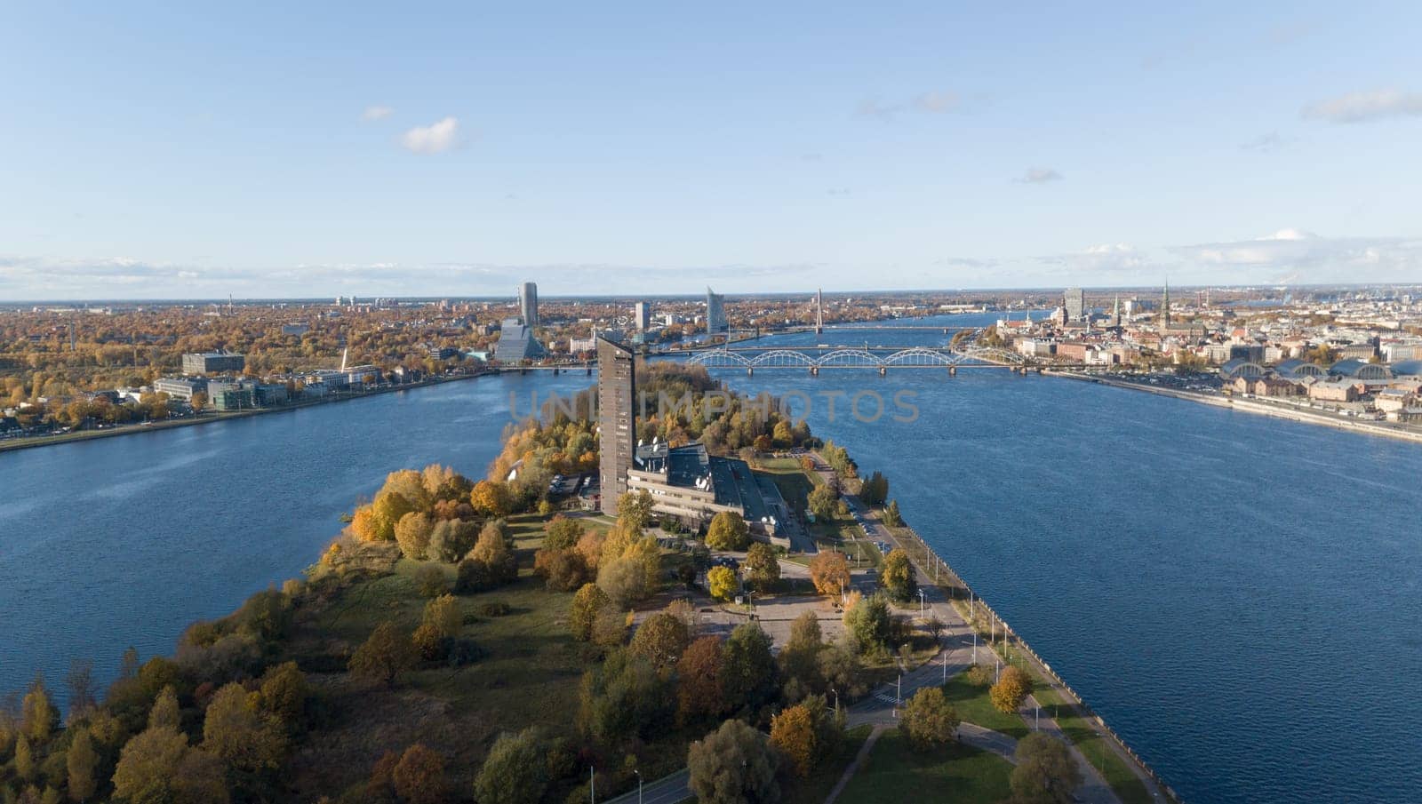 Riga Latvia Daugava river Zakusala island Aerial drone top view