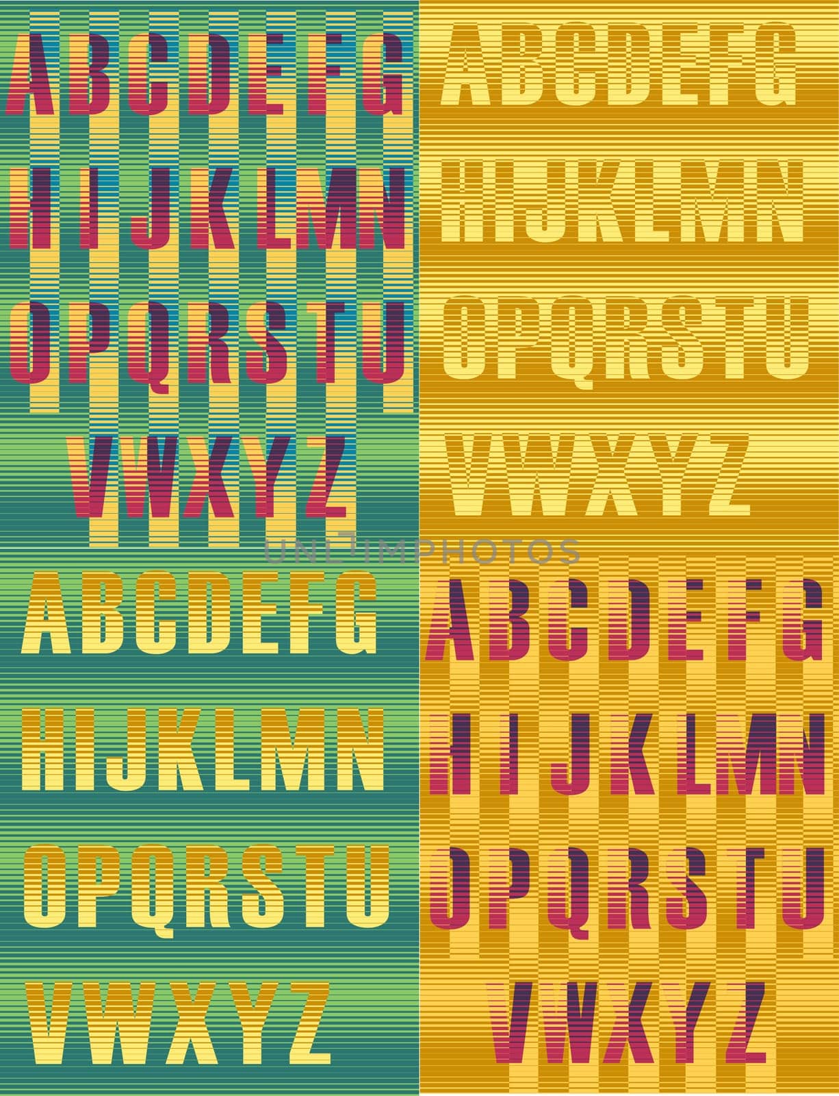 Striped artistic alphabets. Unusual fonts. Striped background.  illustration