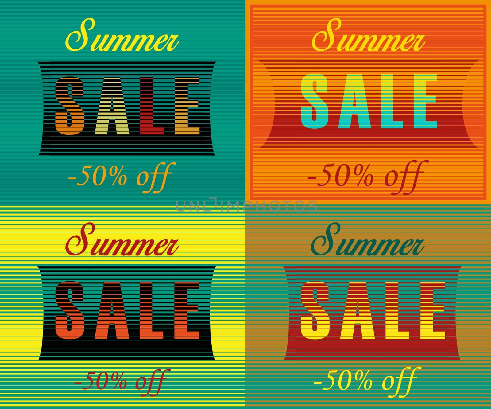 Cards with inscriptions for retail. Striped artistic font. Summer sale. Fifty percents off. illustration