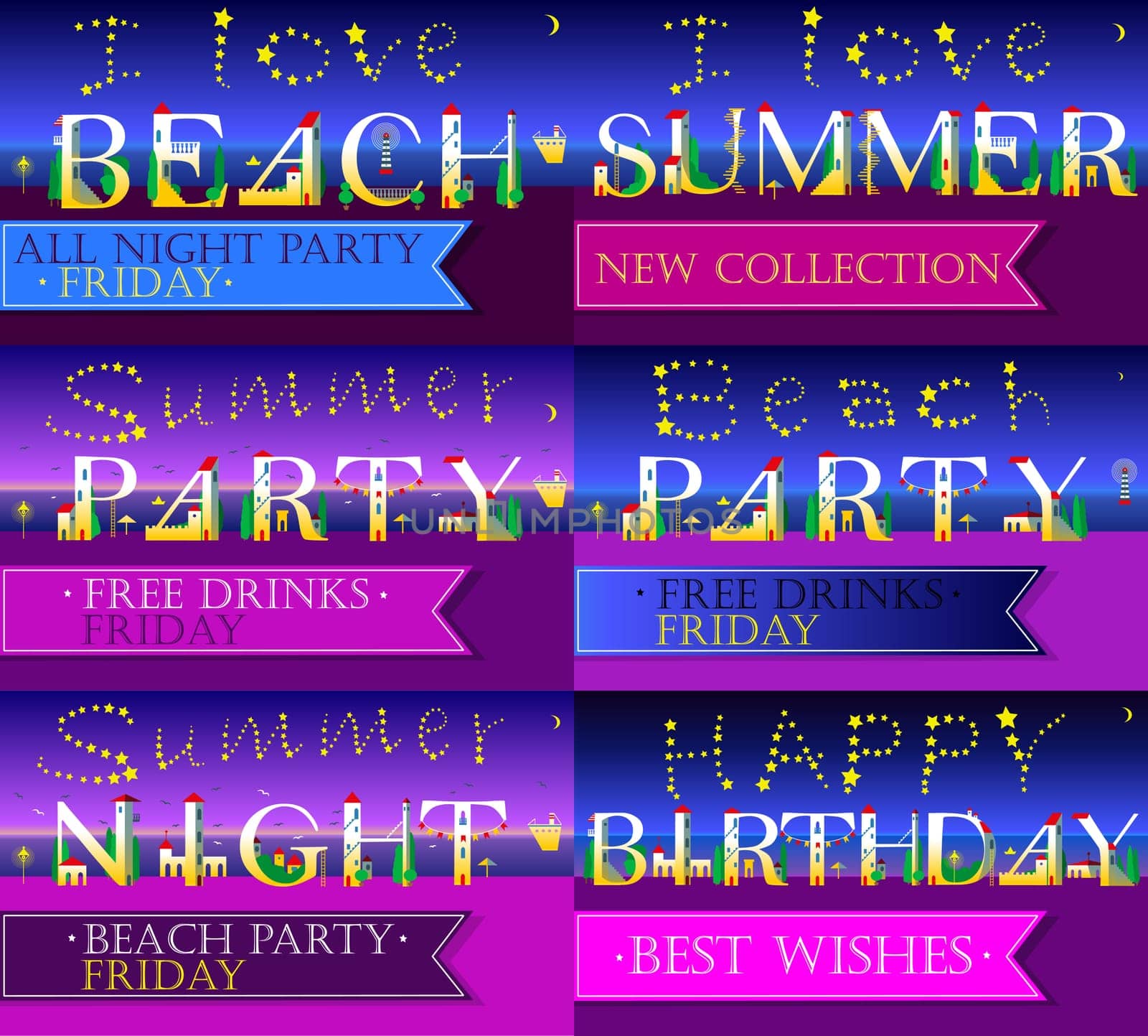 Invitation cards to parties. White houses font. Summer beach. Summer party texts. Happy birthday. Banners for custom texts. Stars in the sky. Illustration