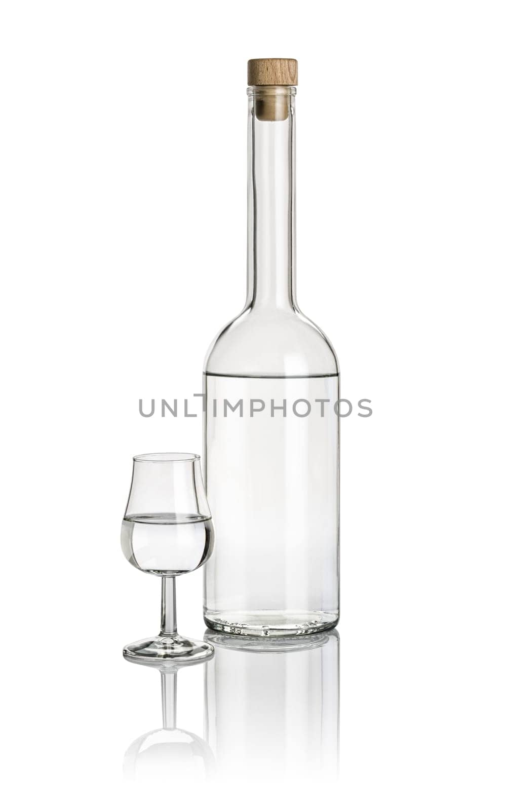 Liquor bottle and swivel filled with clear liquid