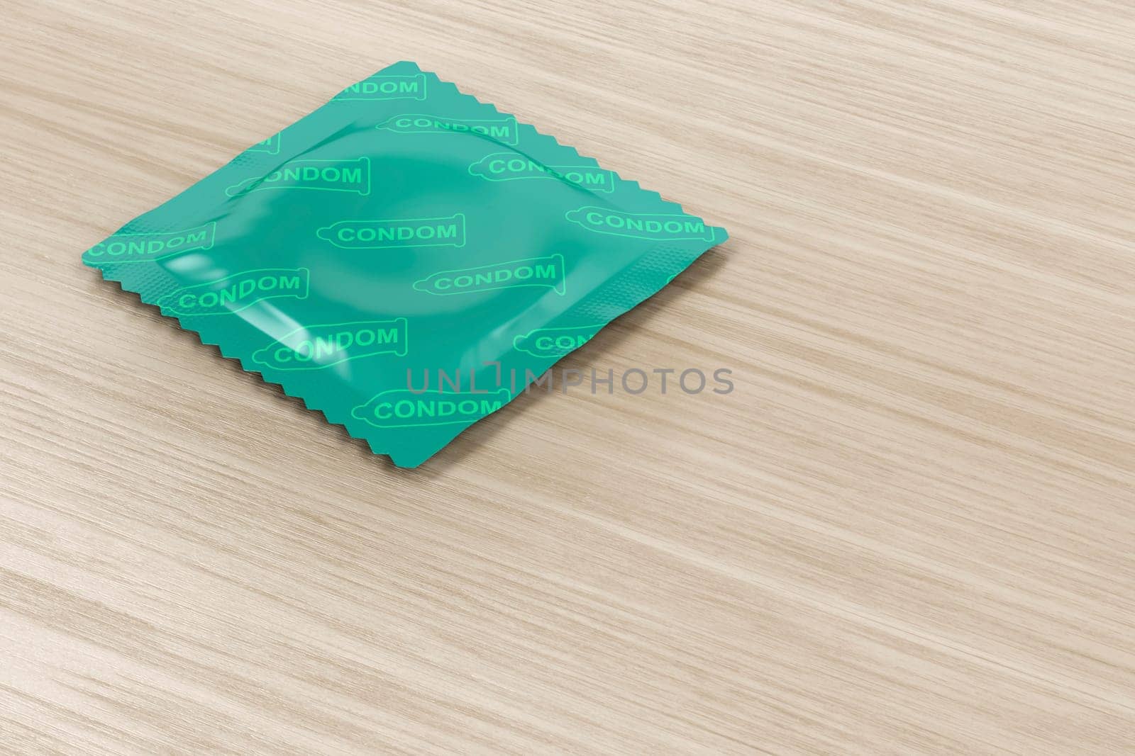 Condom packaging on wood background