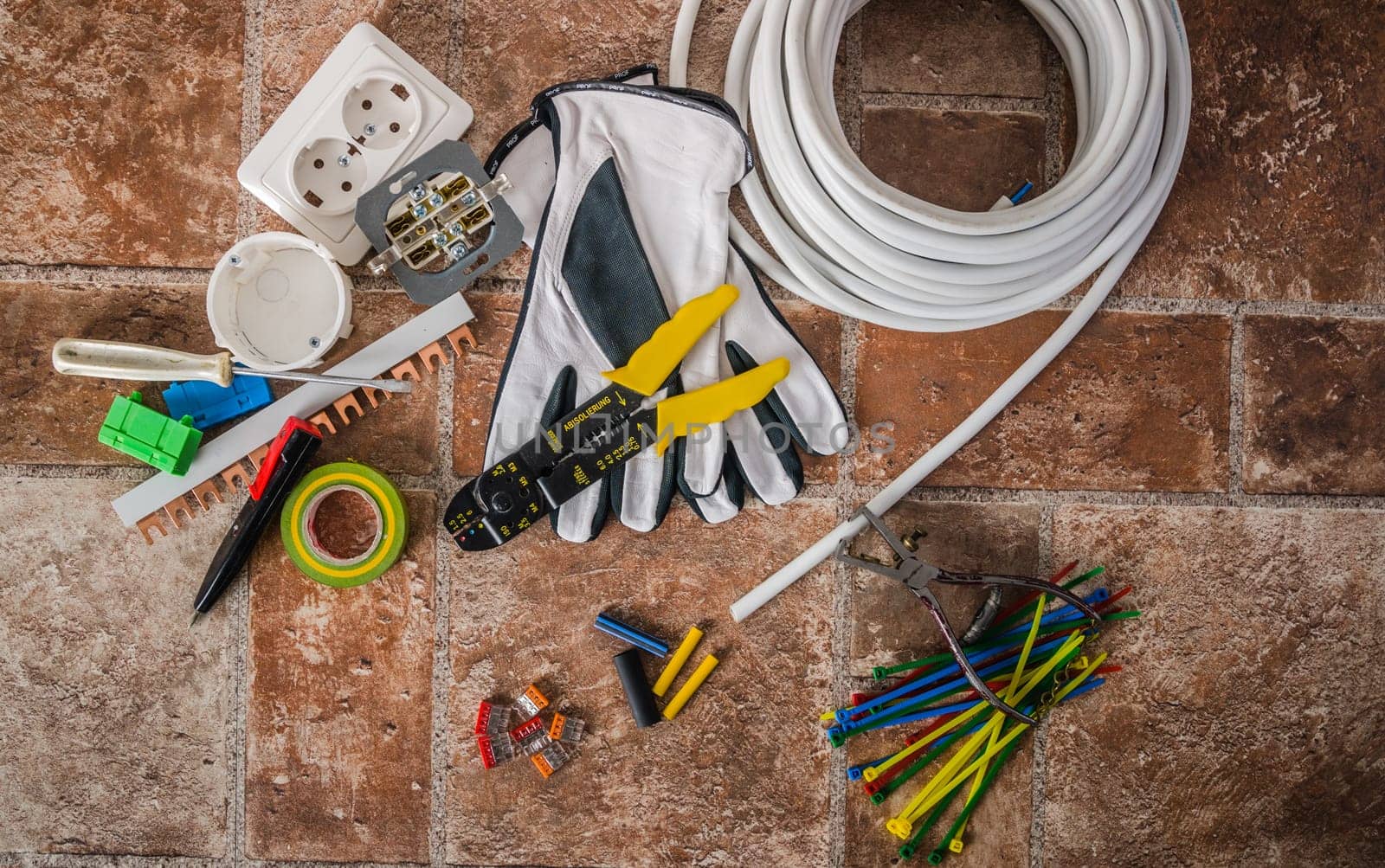 Tools for electricians crimpers and accessories, close-up