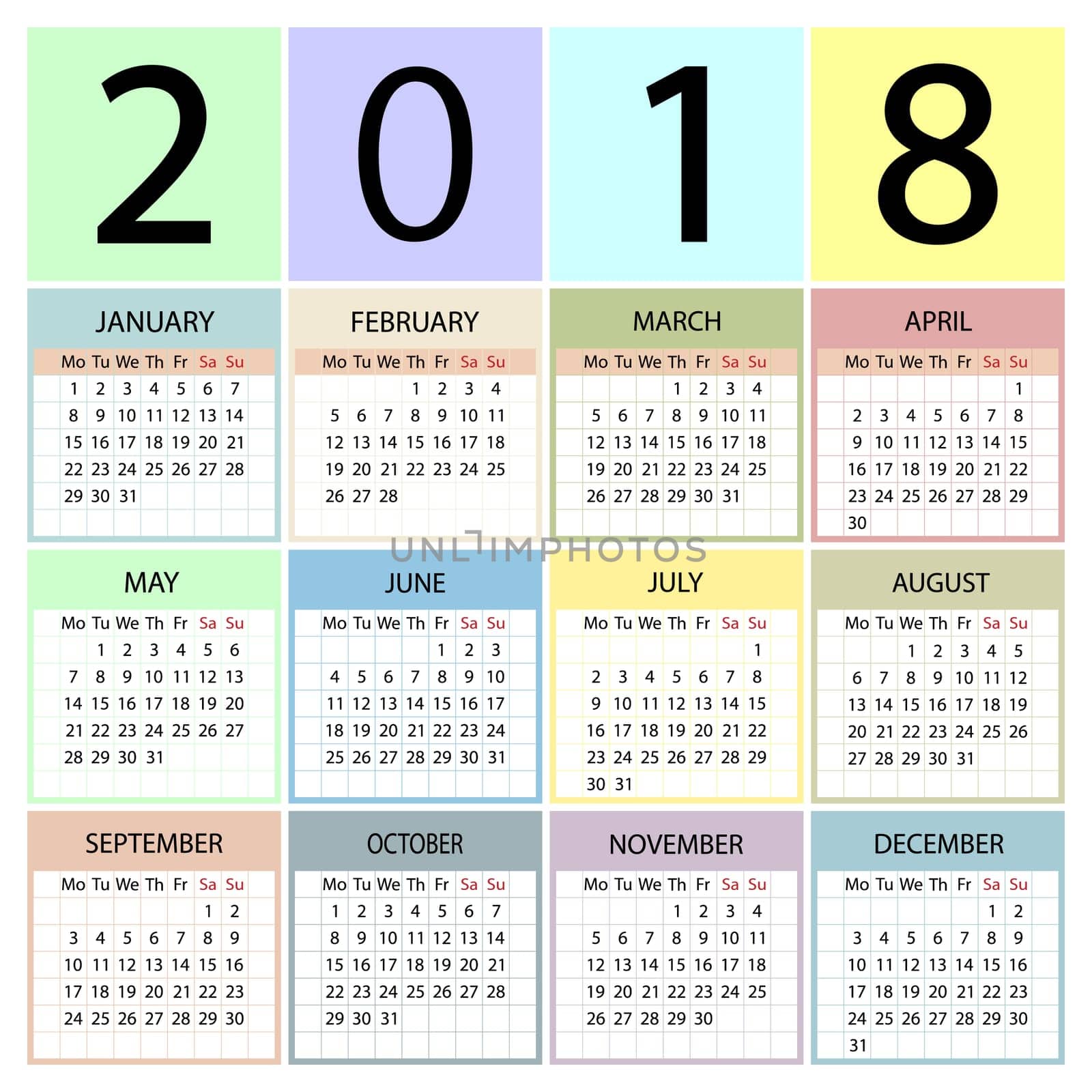 Calendar 2018 year. Week starts with Monday. Vector illustration