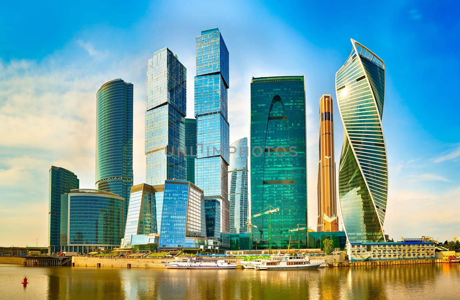 Moscow City skyline . Moscow International Business Centre at day time with Moskva river in foreground