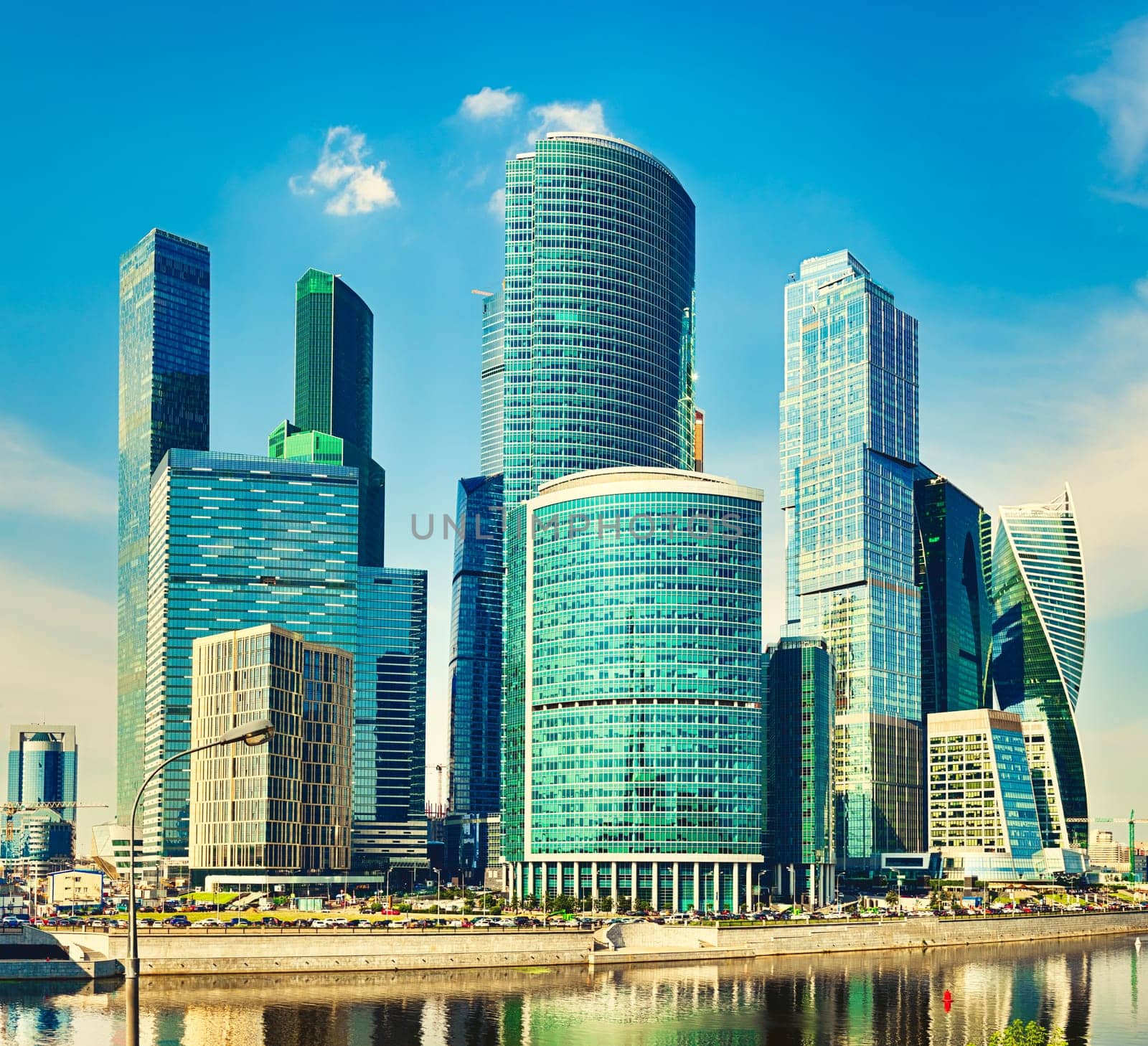 Moscow City skyline . Moscow International Business Centre at day time with Moskva river in foreground