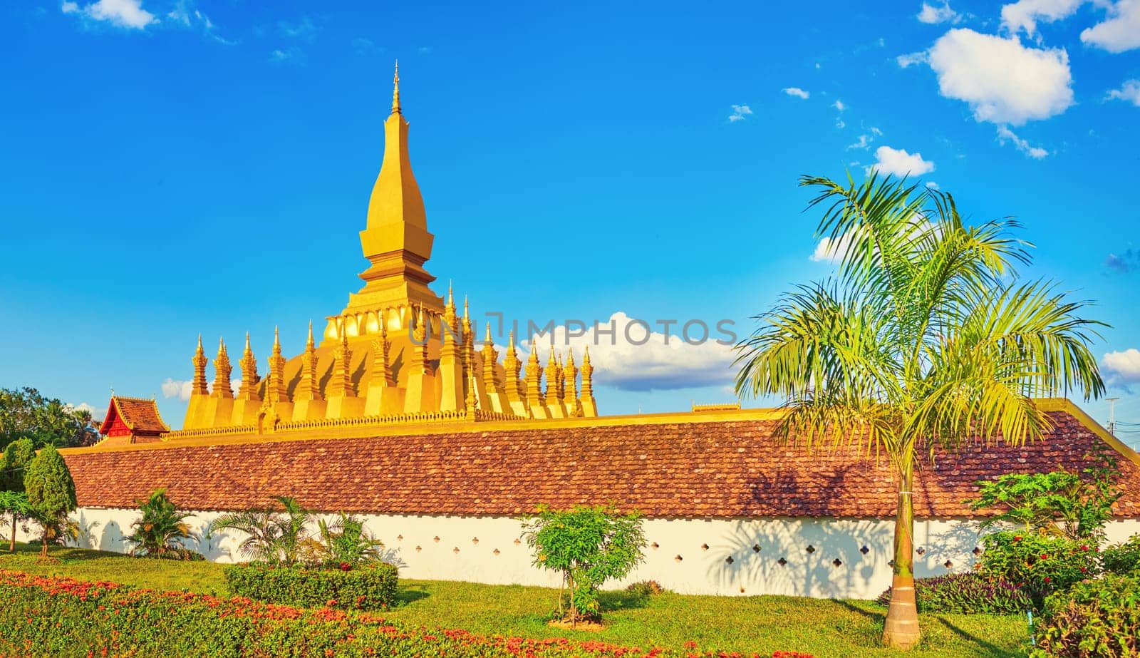 Beautiful view of the Pha That temple. Vientiane, Laos. Panorama
