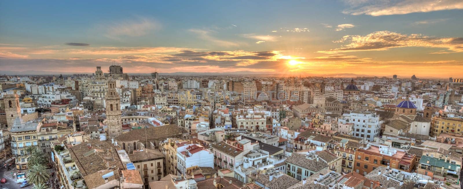 Sunset Over Historic Center of Valencia, Spain. Panoramic aerial view of cityscape.