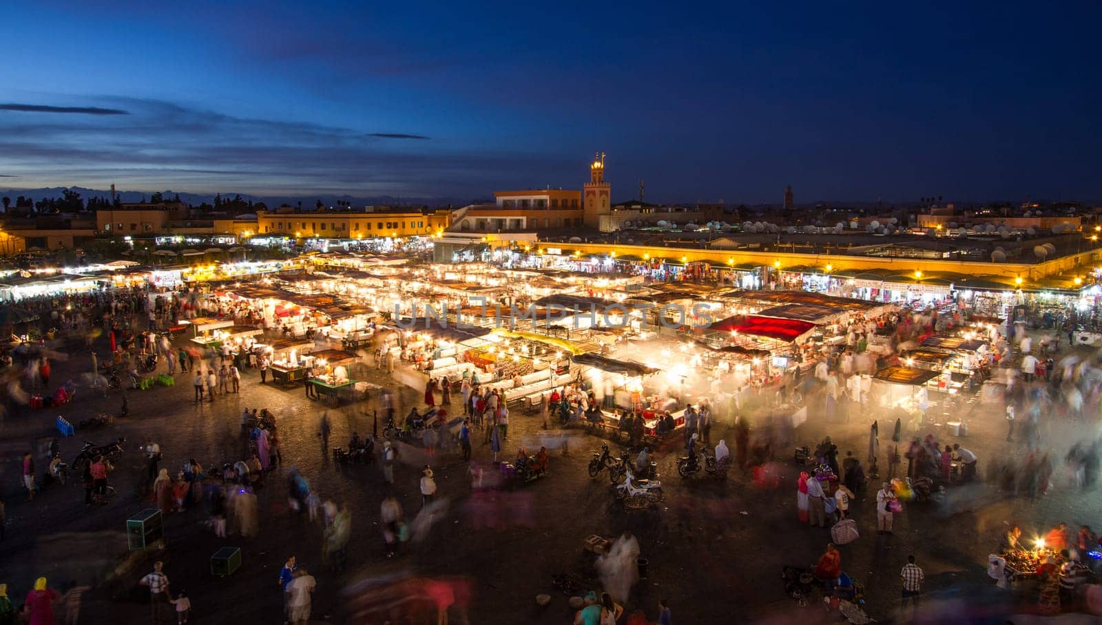 Jamaa el Fna market square at dusk, Marrakesh, Morocco, north Africa. Jemaa el-Fnaa, Djema el-Fna or Djemaa el-Fnaa is a famous square and market place in Marrakesh's medina quarter.