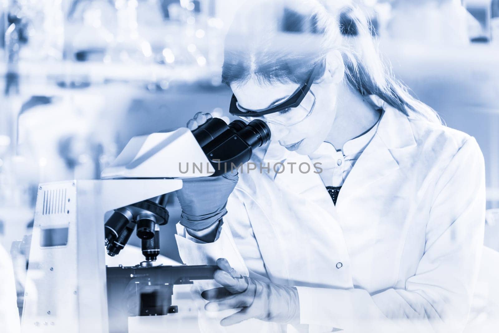 Life scientists researching in laboratory. Attractive female young scientist microscoping in their working environment. Healthcare and biotechnology. Greyscale blue toned image.