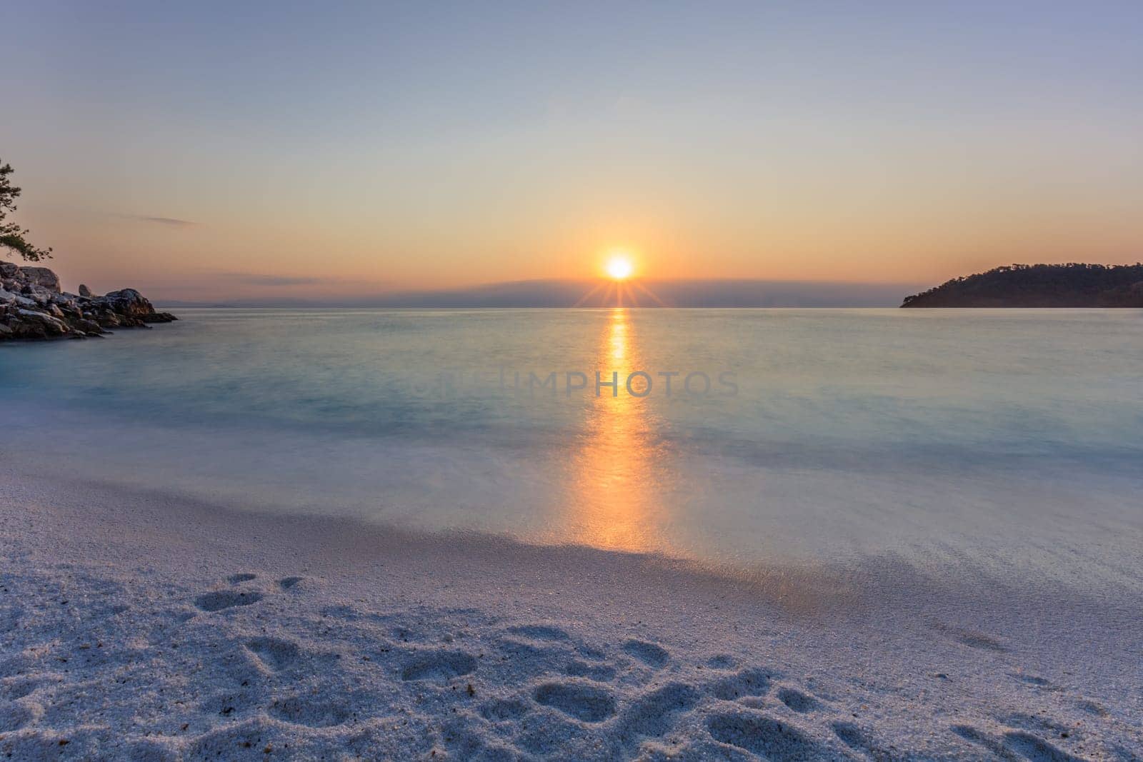 Sunrise in Marble beach (Saliara beach), Thassos Islands, Greece. The most beautiful white beach in Greece