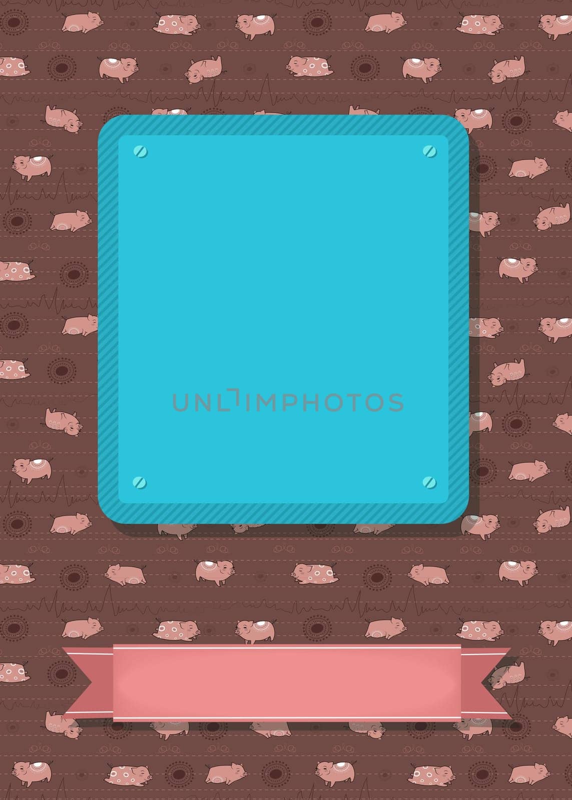 Greeting card. Cartoon funny pink pigs with white decor. Blue and pink banners for custom text. Brown background