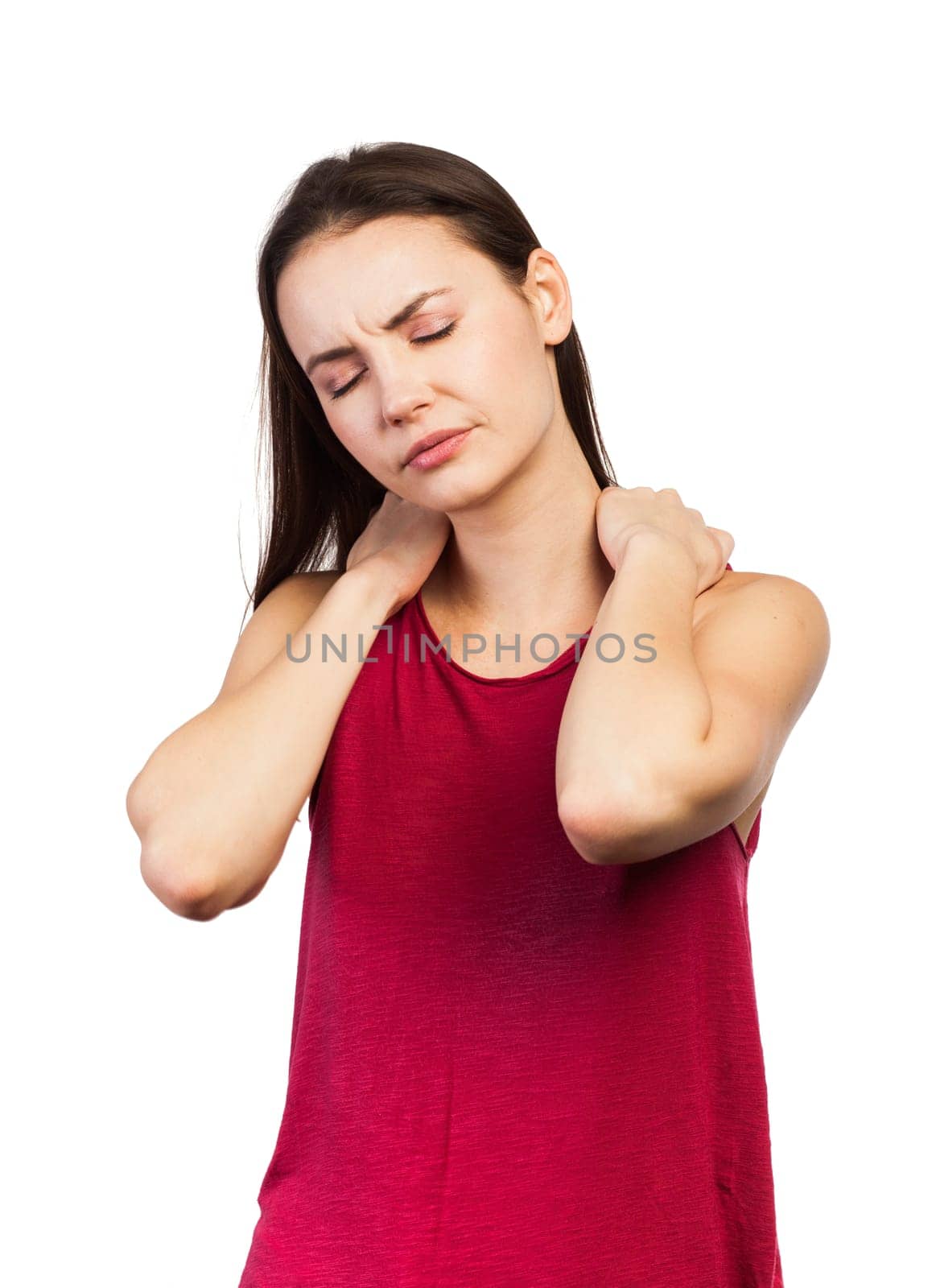 Portrait of a woman looking tired and stressed, isolated on white
