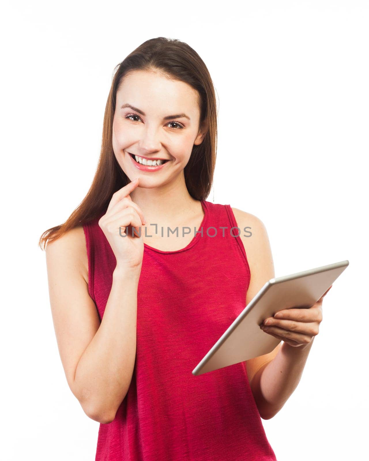 Joyful young woman using an electronic tablet, communication concept, isolated on white
