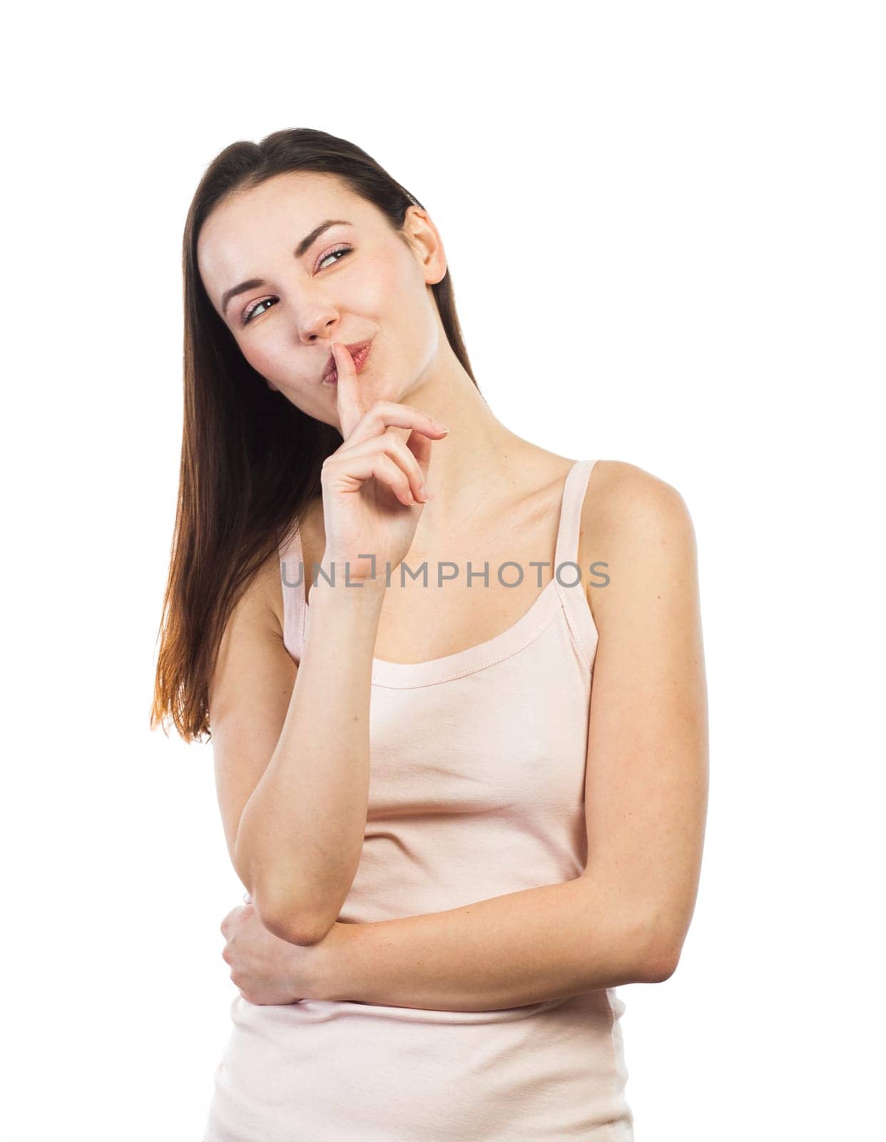 Adult woman looking up, looking positively attracted by somethings, isolated on white