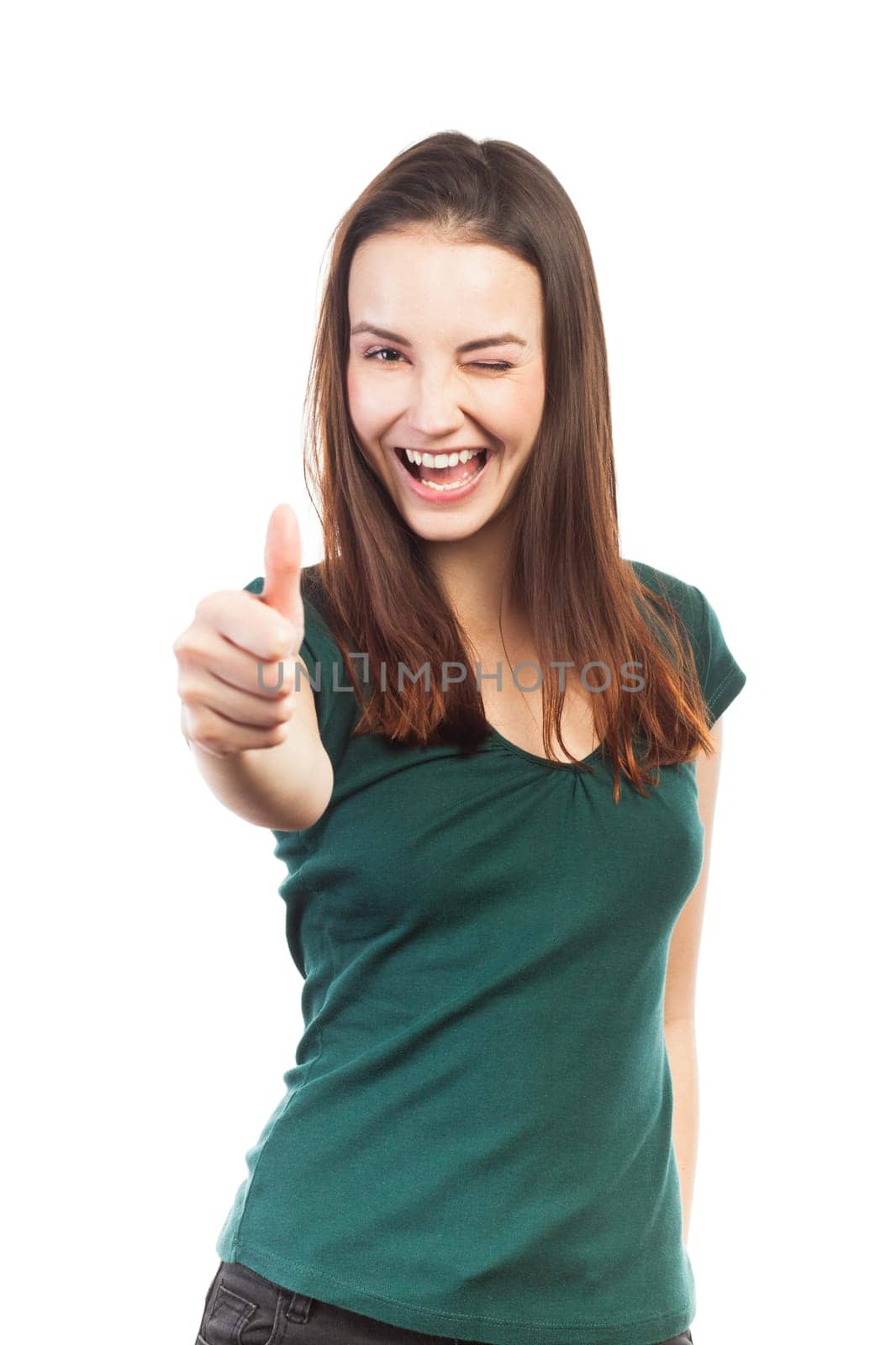 Young positive woman, isolated on white