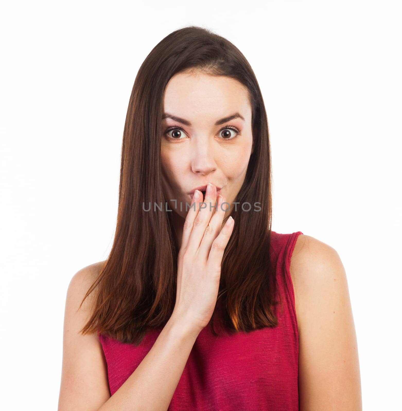 Pretty young woman amazed, isolated on white