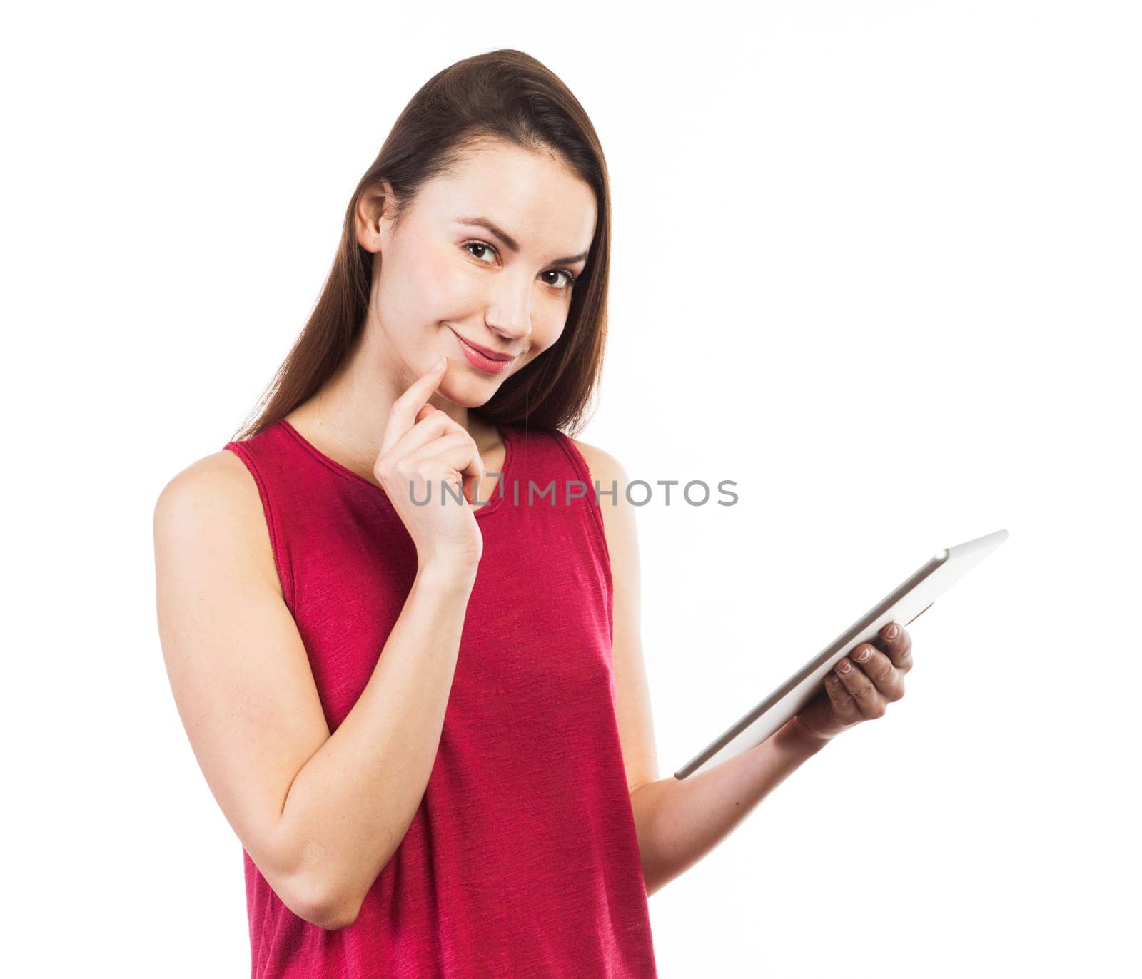 Young woman surfing on a electronic tablet, communication concept, isolated on white