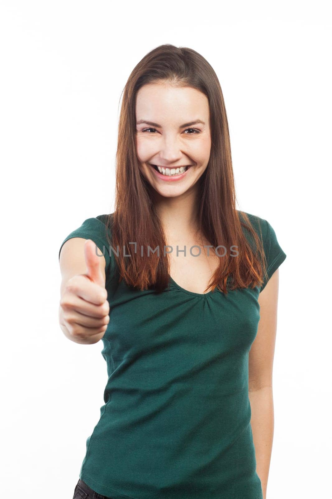 Young beautiful woman showing ok sign, isolated on white