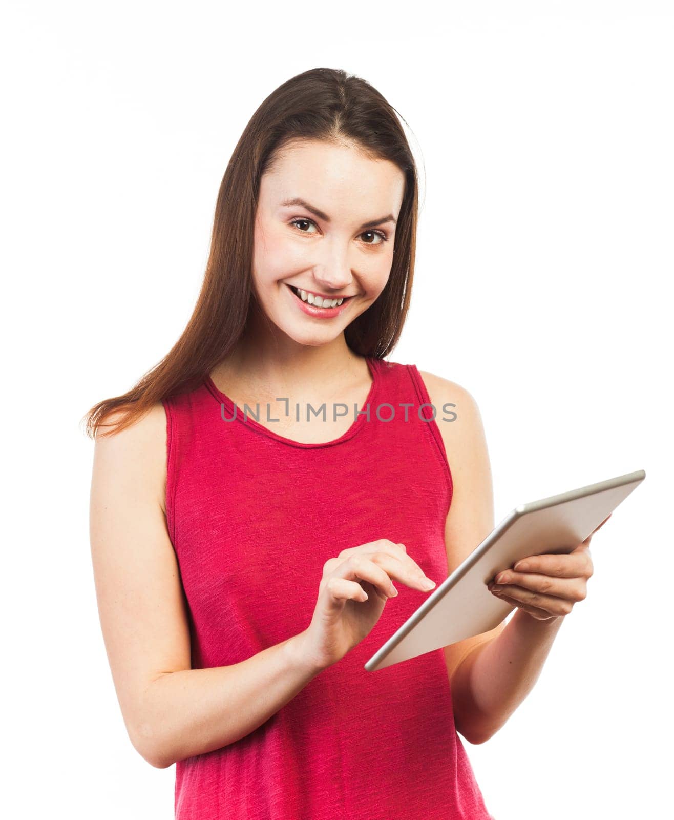 Young woman using an electronic tablet, communication concept, isolated on white